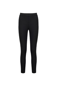 The Vassalli Fortune Pant in black is a pair of plain, full-length, pull-on leggings with a skinny leg fit, shown against a white background.