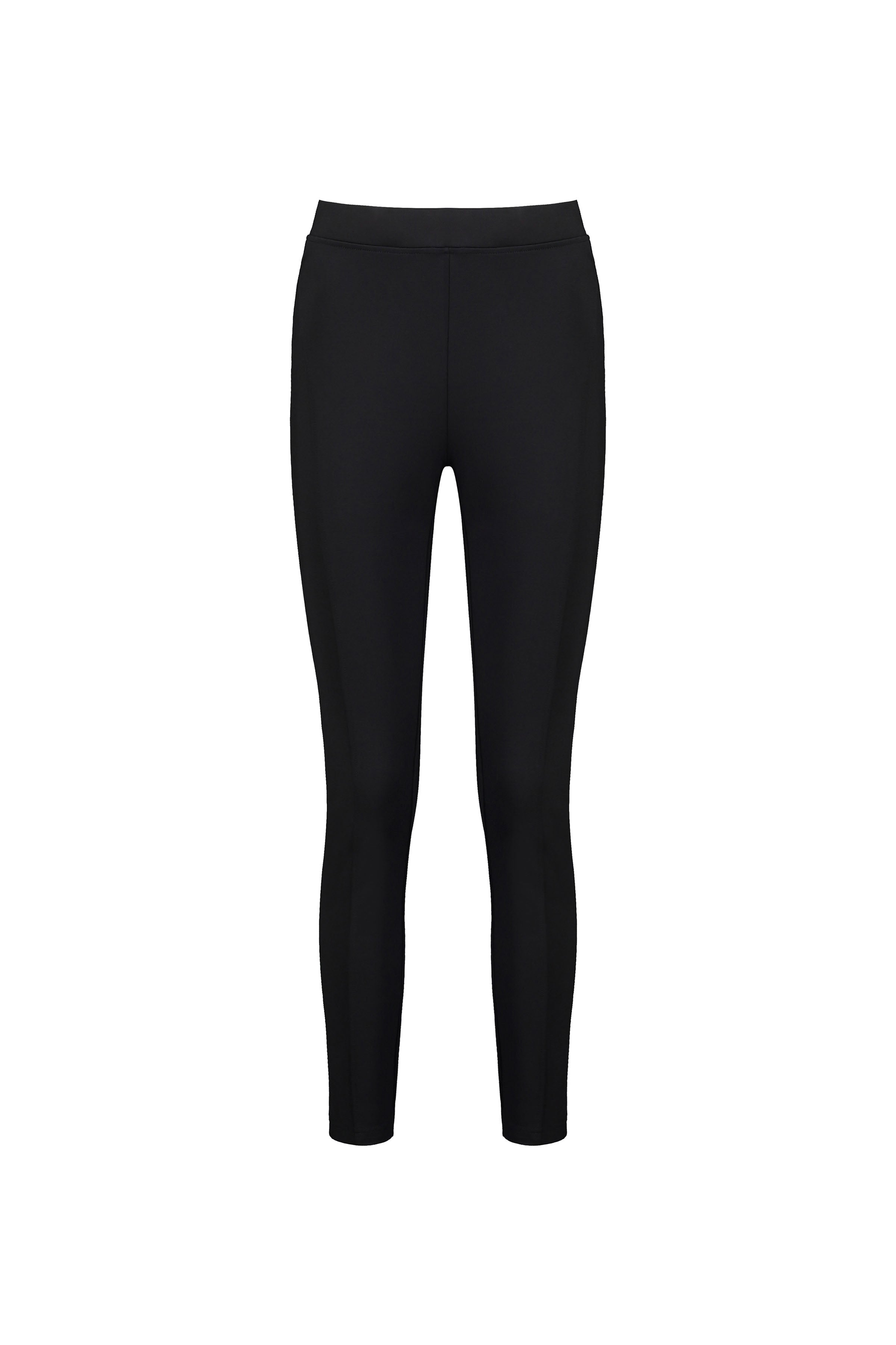 The Vassalli Fortune Pant in black is a pair of plain, full-length, pull-on leggings with a skinny leg fit, shown against a white background.