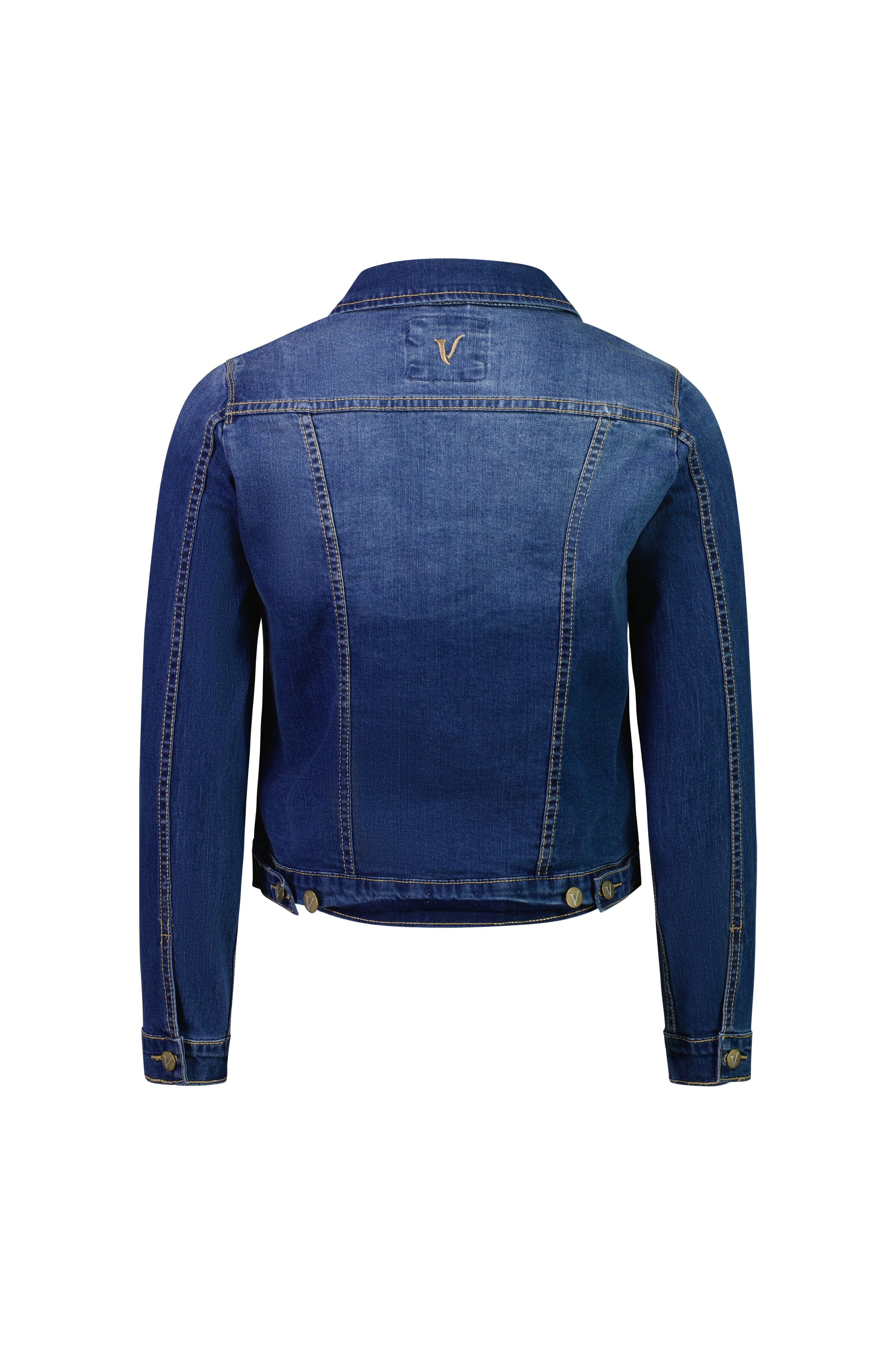 Back view of the Vassalli Ratio Jacket in Blue Wash Denim, featuring long sleeves, buttoned cuffs, visible seams, and a small stitched V detail below the collar at the upper back.