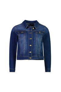 The Vassalli Ratio Jacket in blue wash denim features long sleeves, front button closure, chest flap pockets, and contrast stitching, shown against a white background.