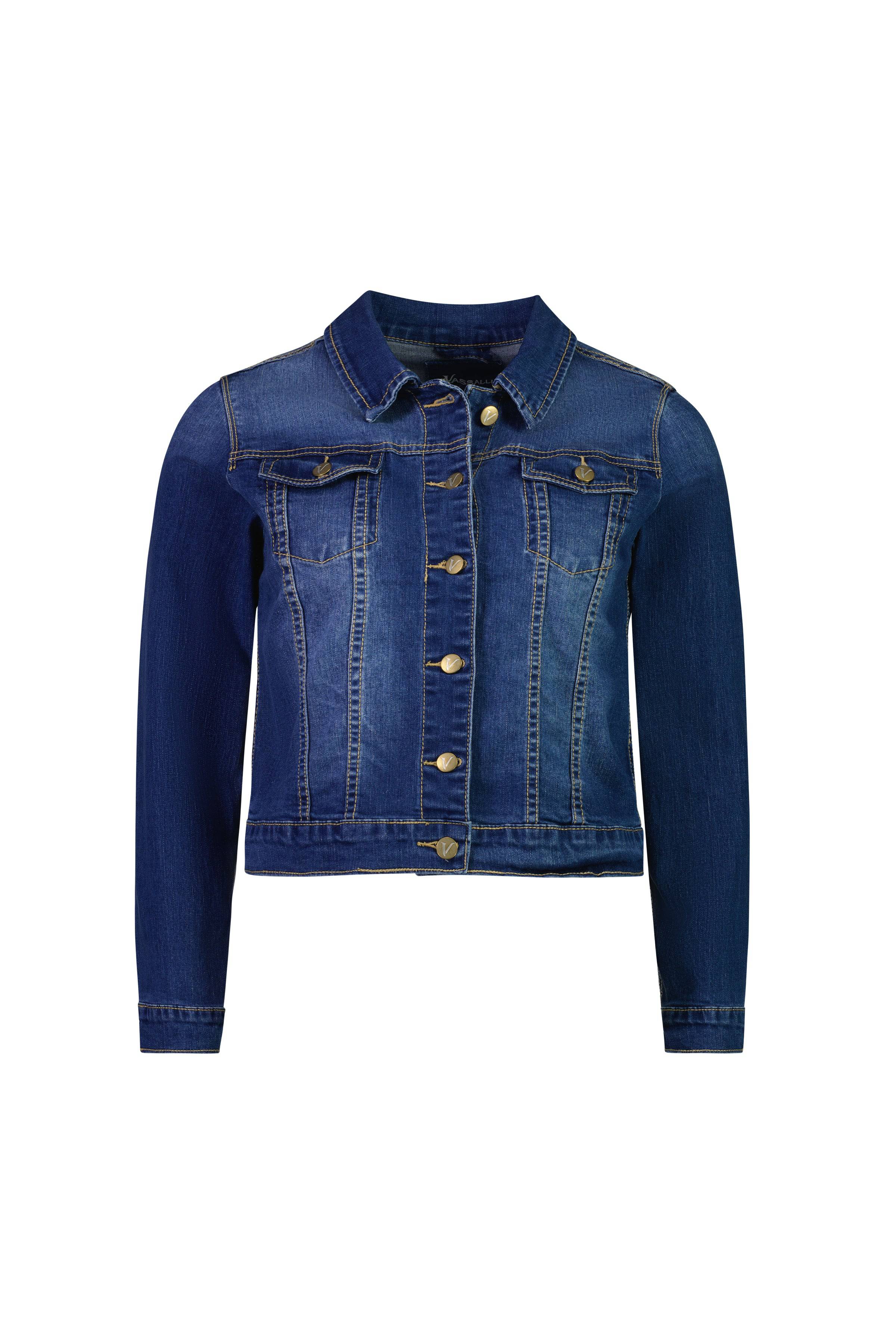 The Vassalli Ratio Jacket in blue wash denim features long sleeves, front button closure, chest flap pockets, and contrast stitching, shown against a white background.