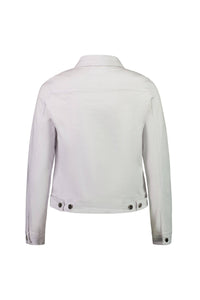 Back view of the Vassalli Ratio Jacket in white denim, featuring long sleeves, buttoned cuffs, a collar, adjustable waistband tabs, and visible seam stitching for a relaxed fit look.
