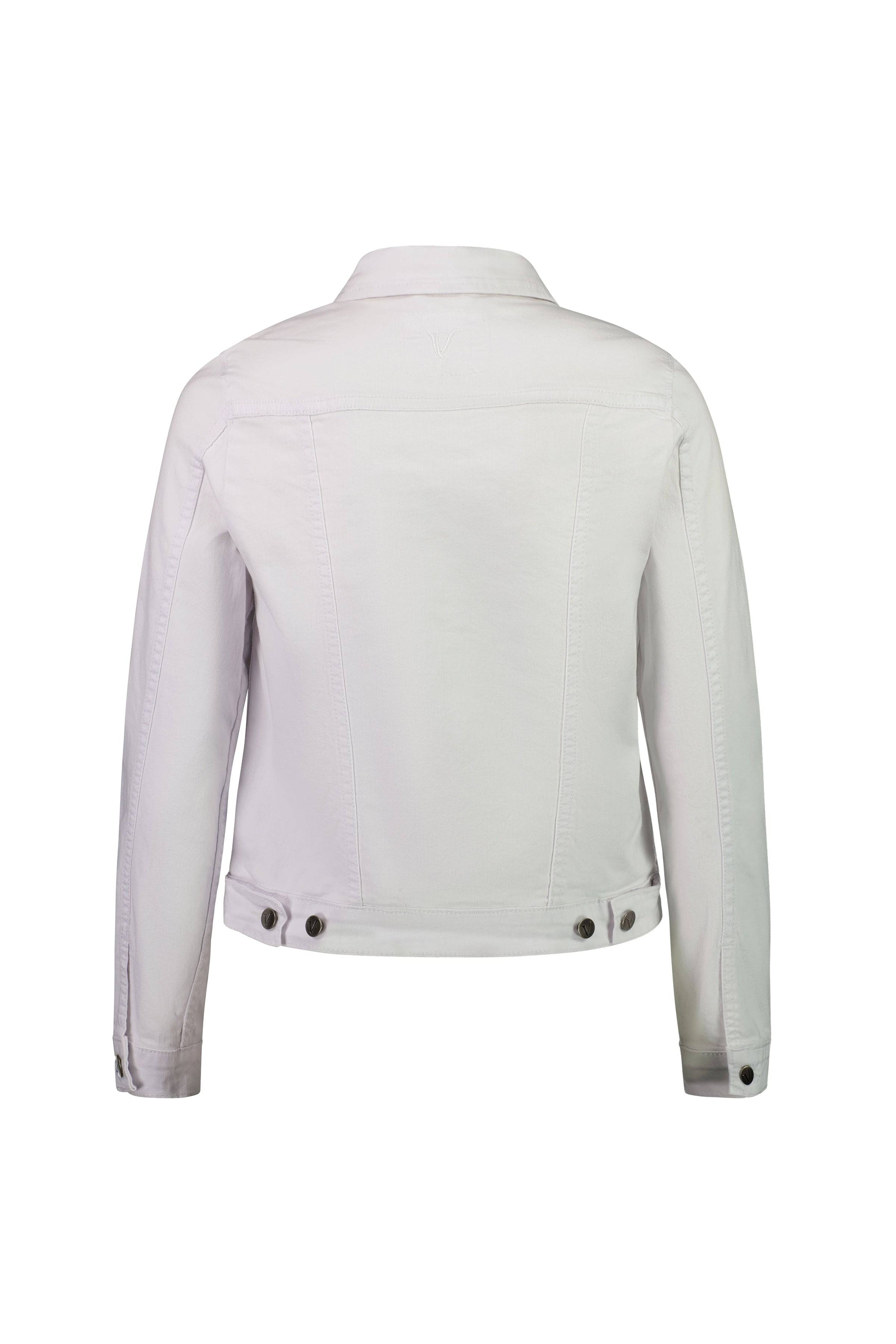 Back view of the Vassalli Ratio Jacket in white denim, featuring long sleeves, buttoned cuffs, a collar, adjustable waistband tabs, and visible seam stitching for a relaxed fit look.