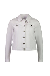 The Vassalli Ratio Jacket in white denim features a relaxed fit, long sleeves, front button closure, two chest flap pockets with buttons, and a classic collar, shown on a plain white background.