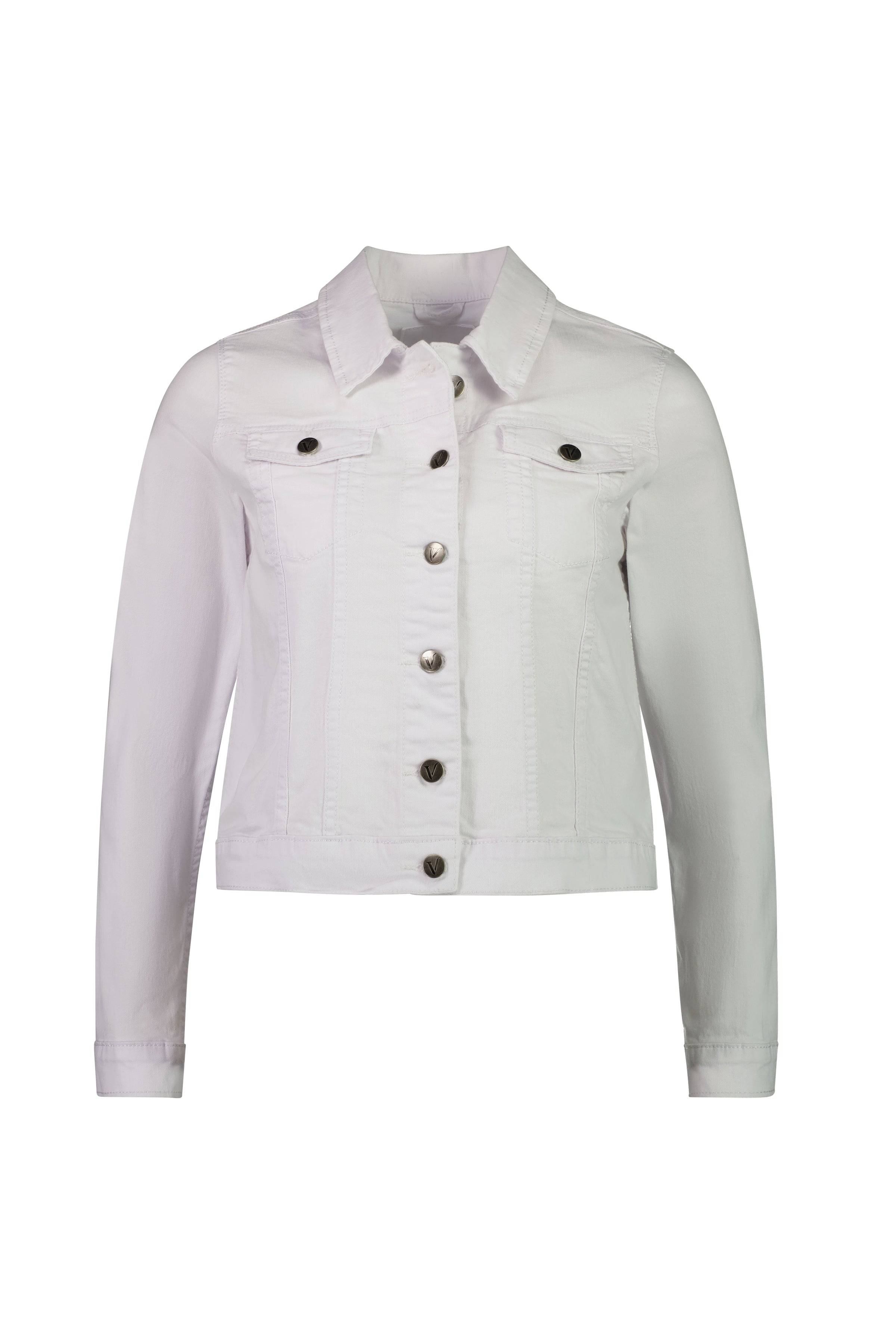 The Vassalli Ratio Jacket in white denim features a relaxed fit, long sleeves, front button closure, two chest flap pockets with buttons, and a classic collar, shown on a plain white background.