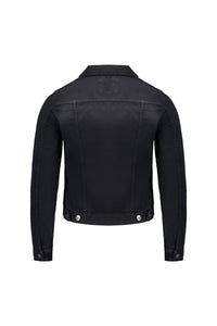 The Vassalli Rider Knit Jacket - Black is shown from the back, featuring long sleeves, silver buttons on cuffs and waistband, and visible seam detailing—ideal for fans of a classic denim jacket style.