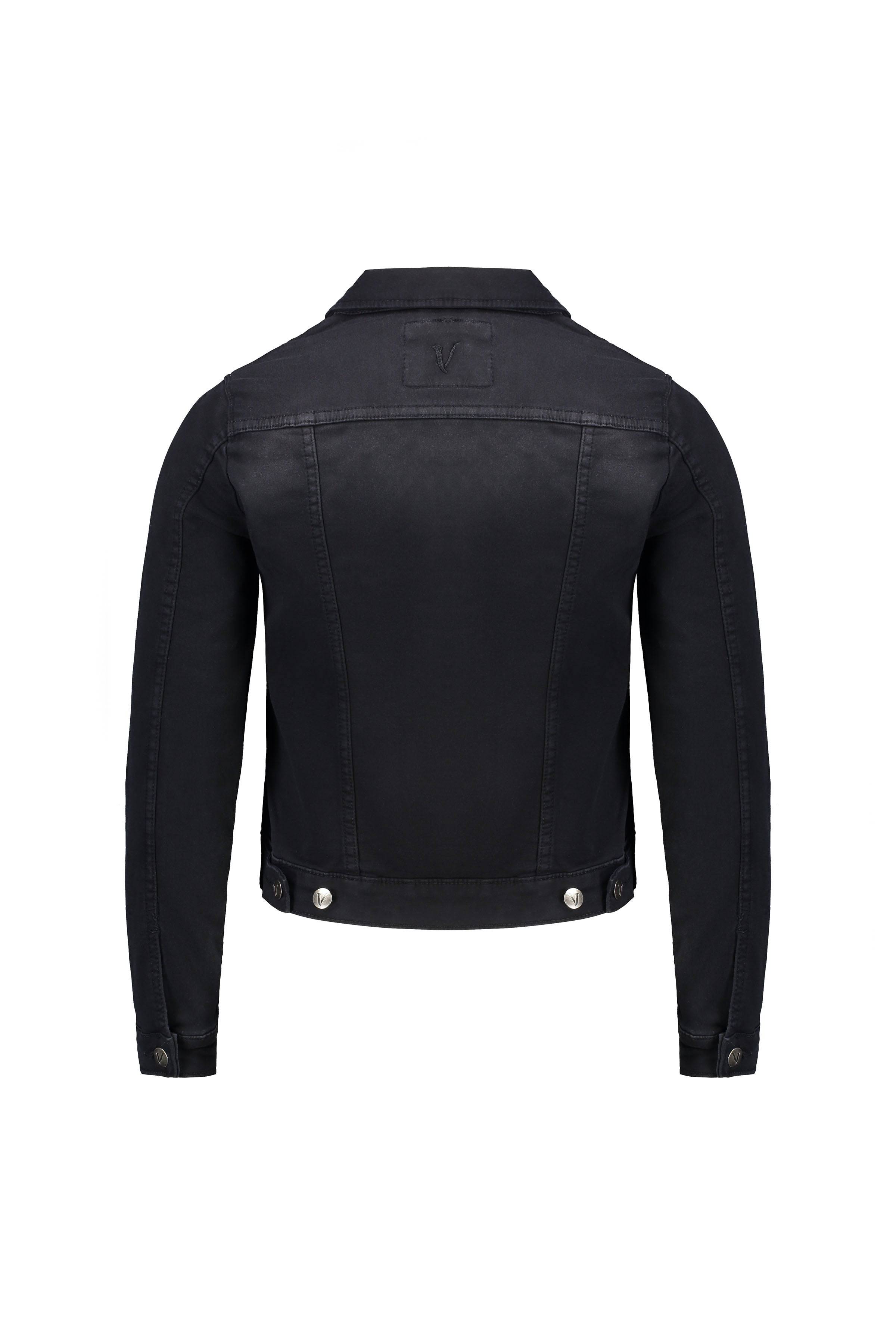 The Vassalli Rider Knit Jacket - Black is shown from the back, featuring long sleeves, silver buttons on cuffs and waistband, and visible seam detailing—ideal for fans of a classic denim jacket style.