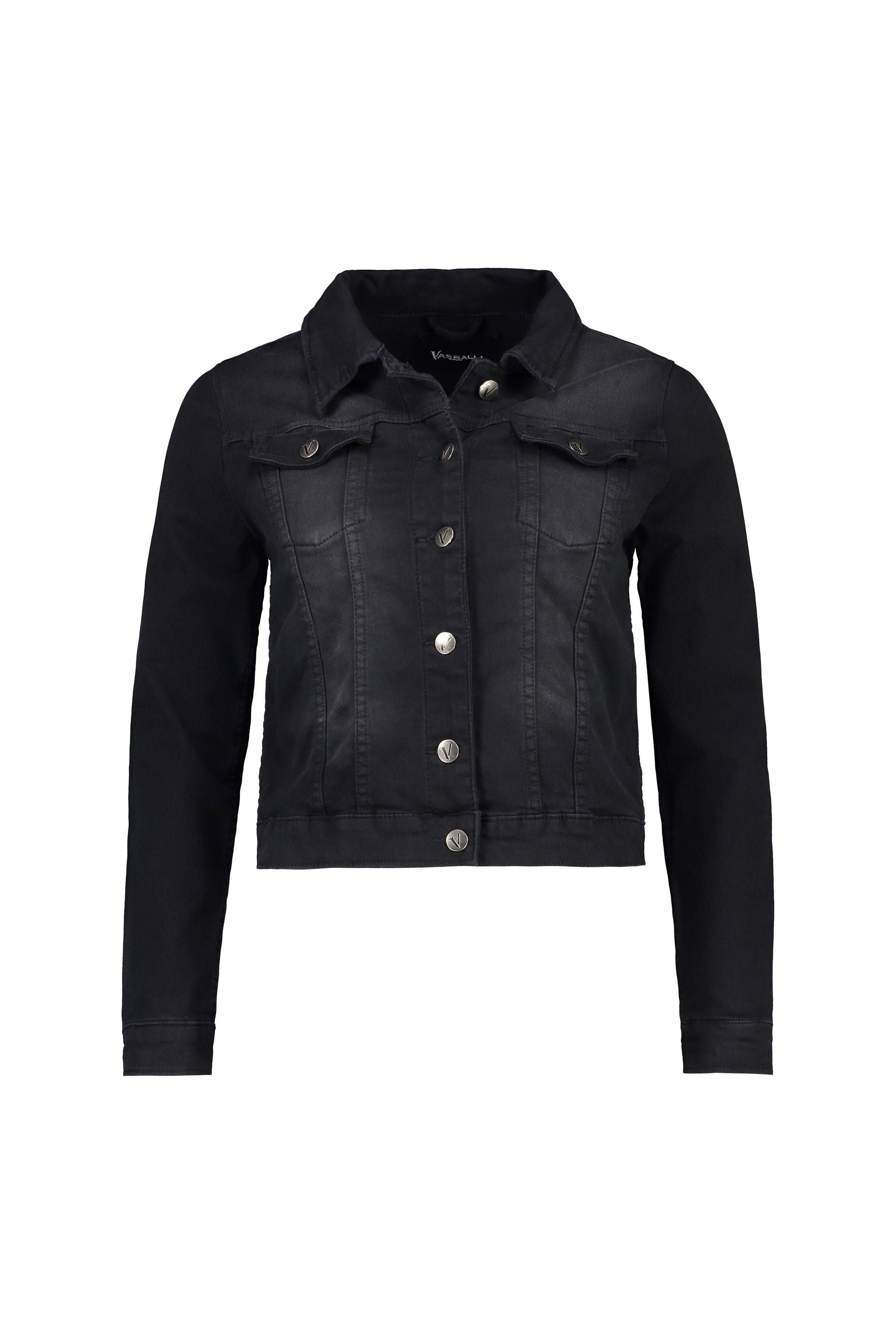 The Vassalli Rider Knit Jacket - Black features long sleeves, a front button closure, two chest flap pockets with buttons, and chic seam detailing for a classic, stylish outerwear look.