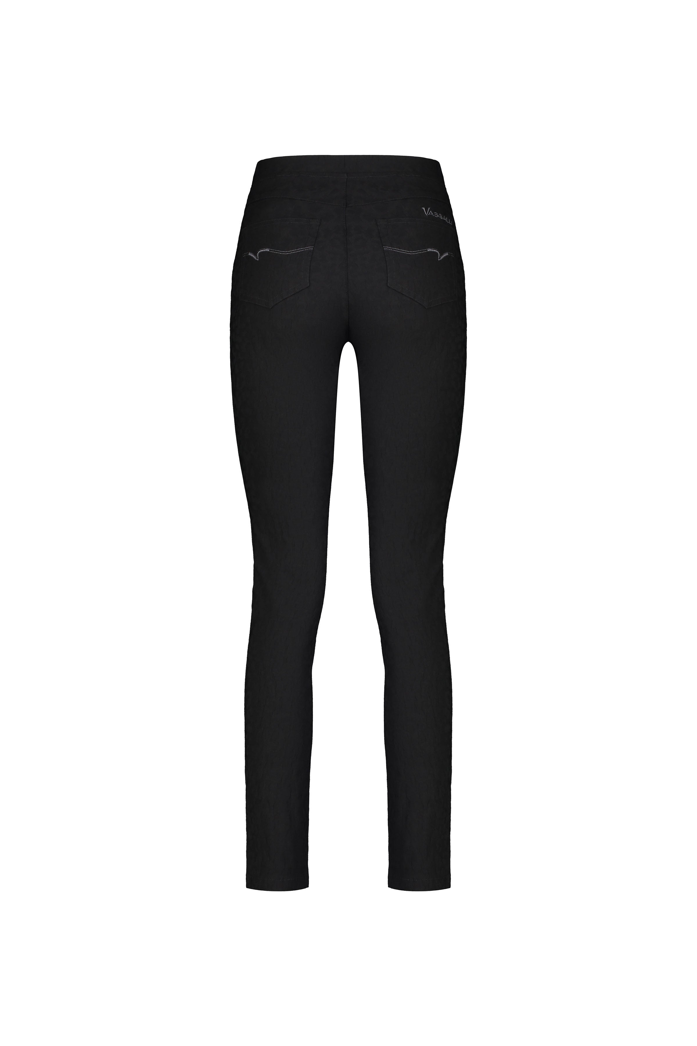 The Vassalli Origin Pull On - Black jeans are shown from the back with two rear pockets, subtle stitching, and a fitted silhouette in comfortable stretch fabric, displayed against a white background.