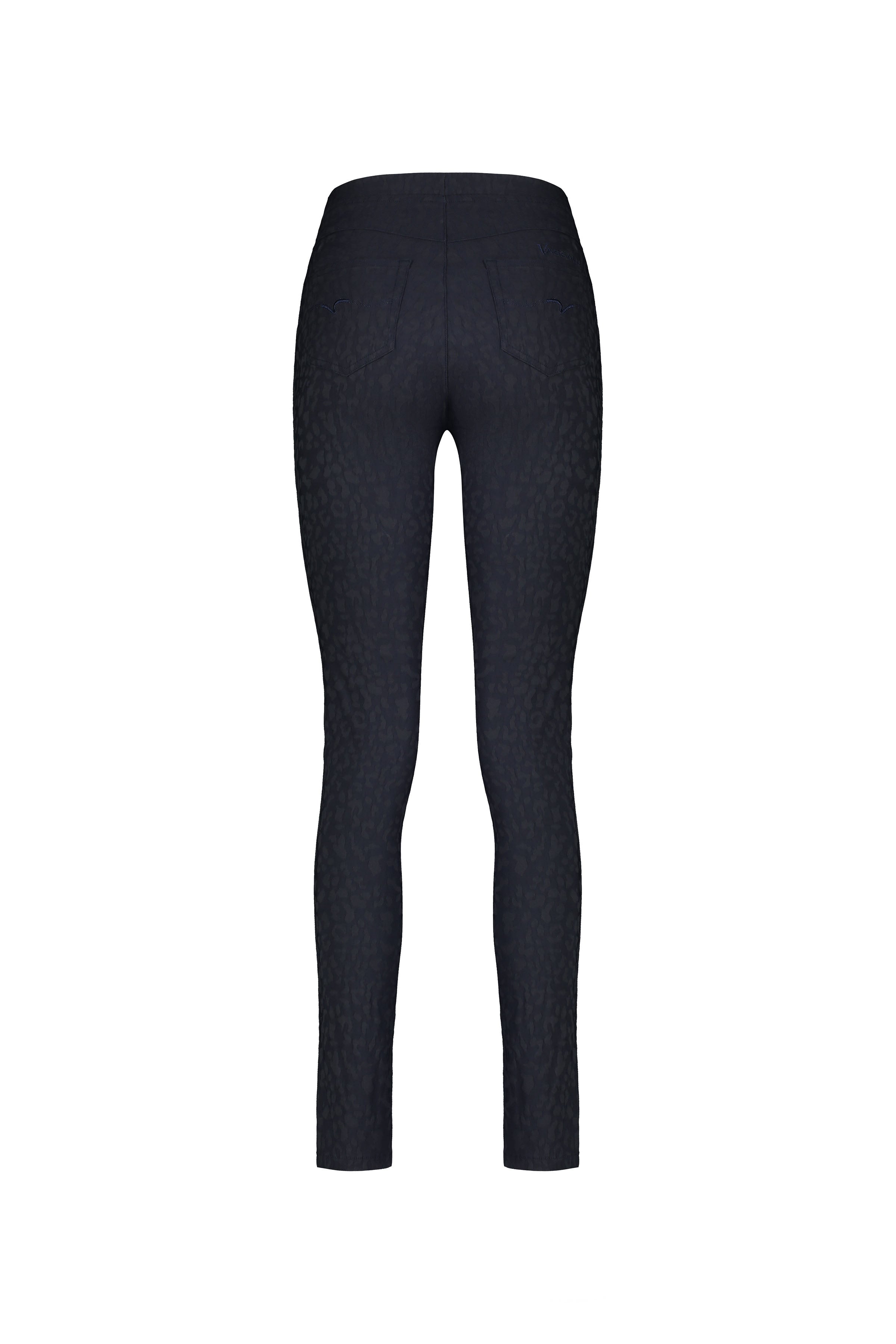Back view of Vassalli Origin Pull On skinny leg, high-waisted navy leggings with stretch fabric and two back pockets, displayed on a plain white background.