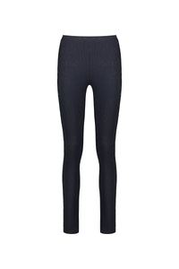 The Vassalli Origin Pull On in navy features a high-waisted design with stretch fabric and an easy embossed pull-on style, shown on a plain white background.