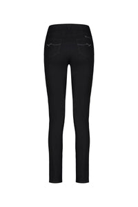 Back view of Vassalli Origin Pull On skinny leg jeans in black denim, featuring two back pockets and subtle stitching, shown against a plain white background.