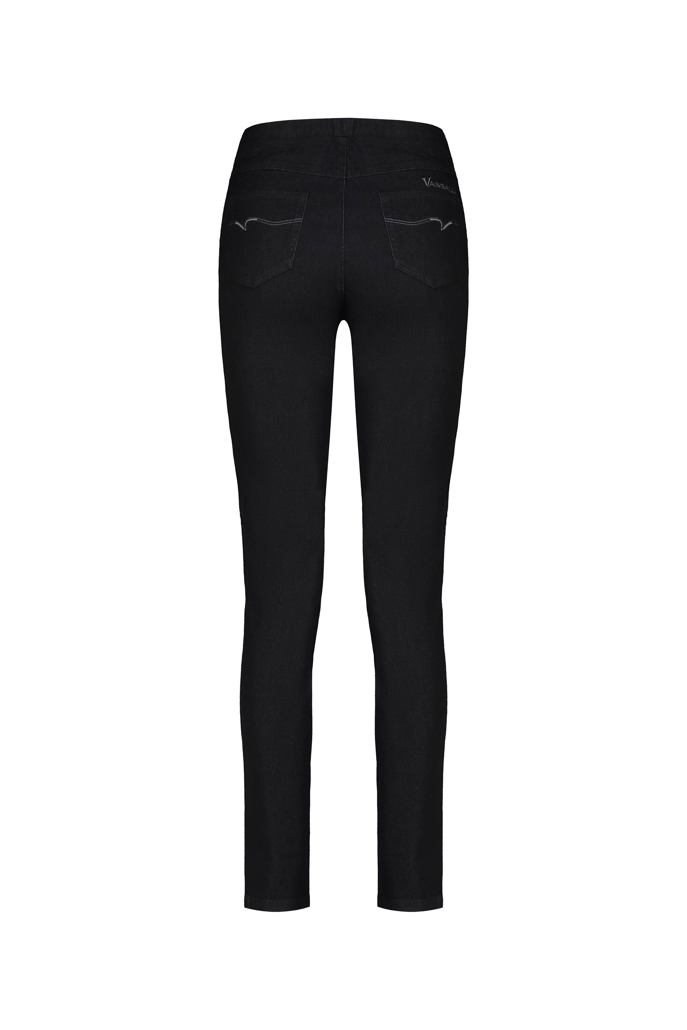 Back view of Vassalli Origin Pull On skinny leg jeans in black denim, featuring two back pockets and subtle stitching, shown against a plain white background.