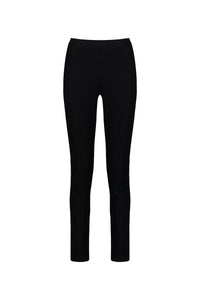 The Vassalli Origin Pull On - Black Denim pants, featuring a slim, sleek design with no visible pockets, buttons, or zippers, are displayed on a white background.