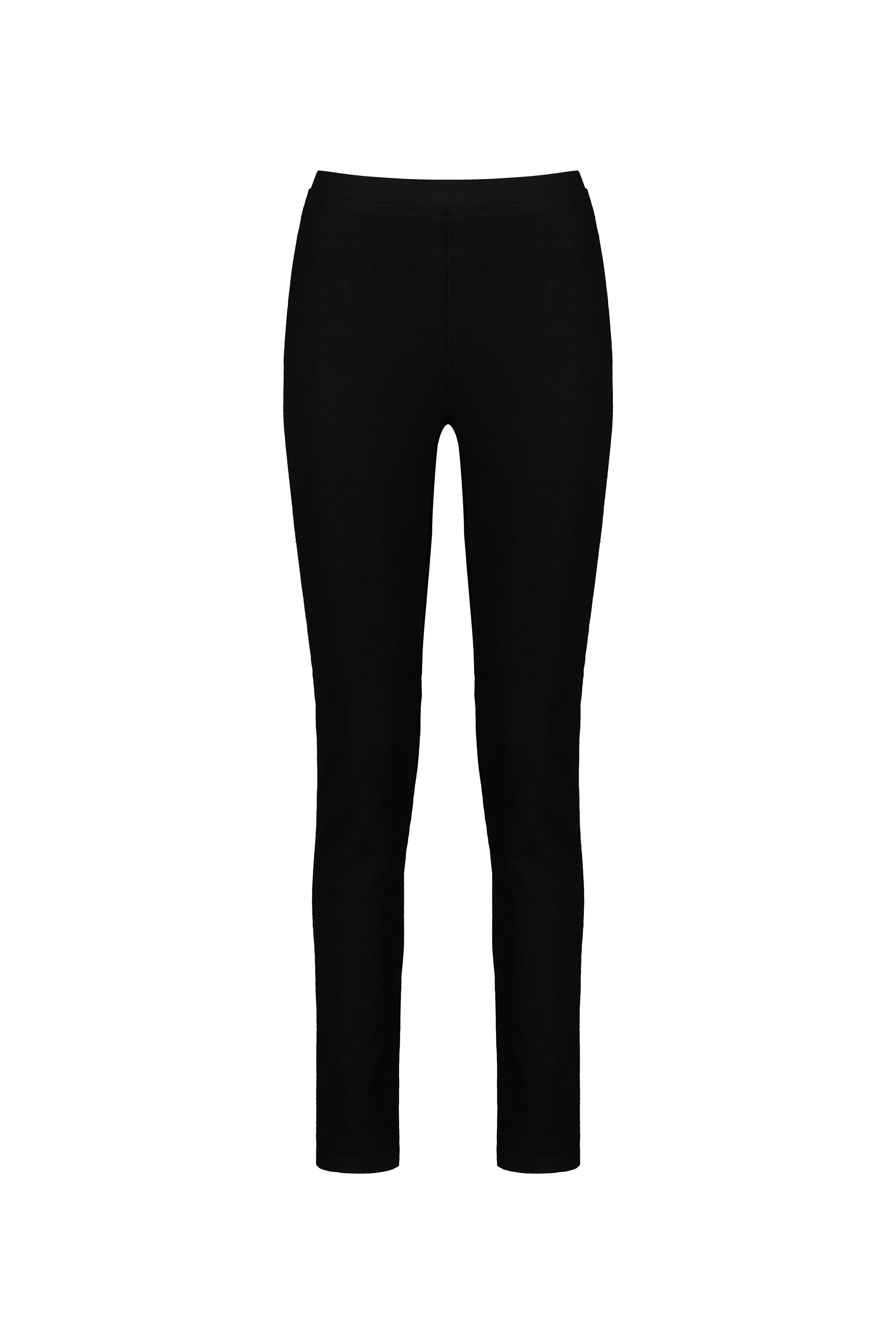 The Vassalli Origin Pull On - Black Denim pants, featuring a slim, sleek design with no visible pockets, buttons, or zippers, are displayed on a white background.