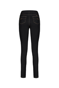Back view of Vassalli Origin Pull On - Black Denim (Contrast Stitch) pants, featuring two back pockets, tan contrast stitching, and subtle embroidery on stretch denim, shown against a white background.