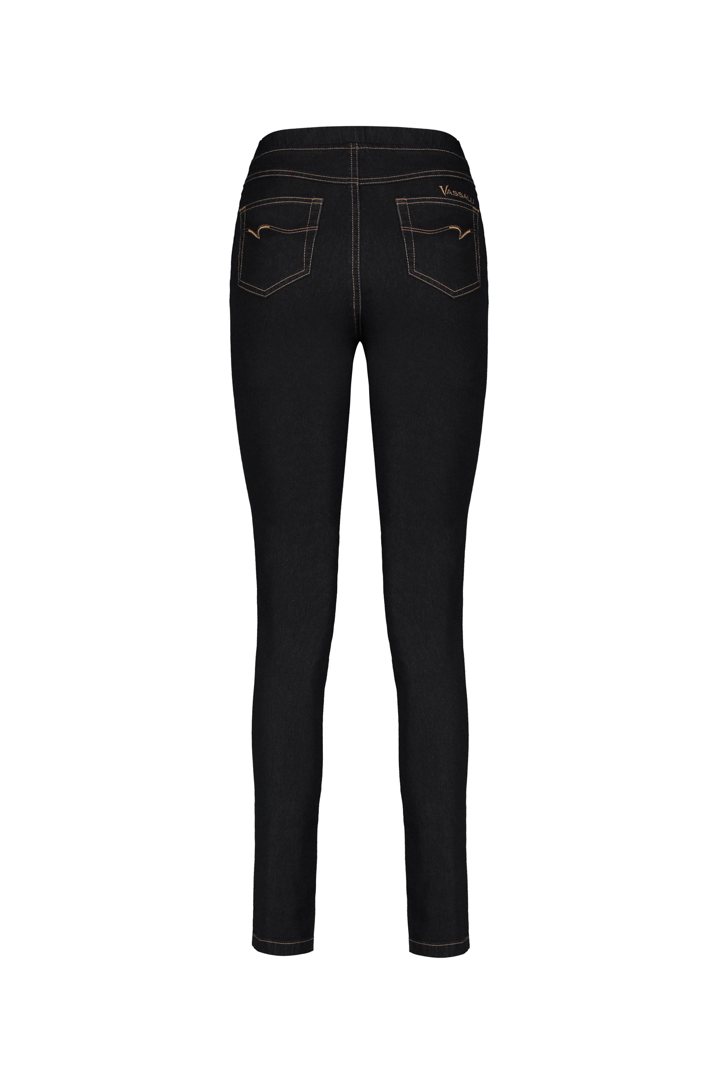 Back view of Vassalli Origin Pull On - Black Denim (Contrast Stitch) pants, featuring two back pockets, tan contrast stitching, and subtle embroidery on stretch denim, shown against a white background.
