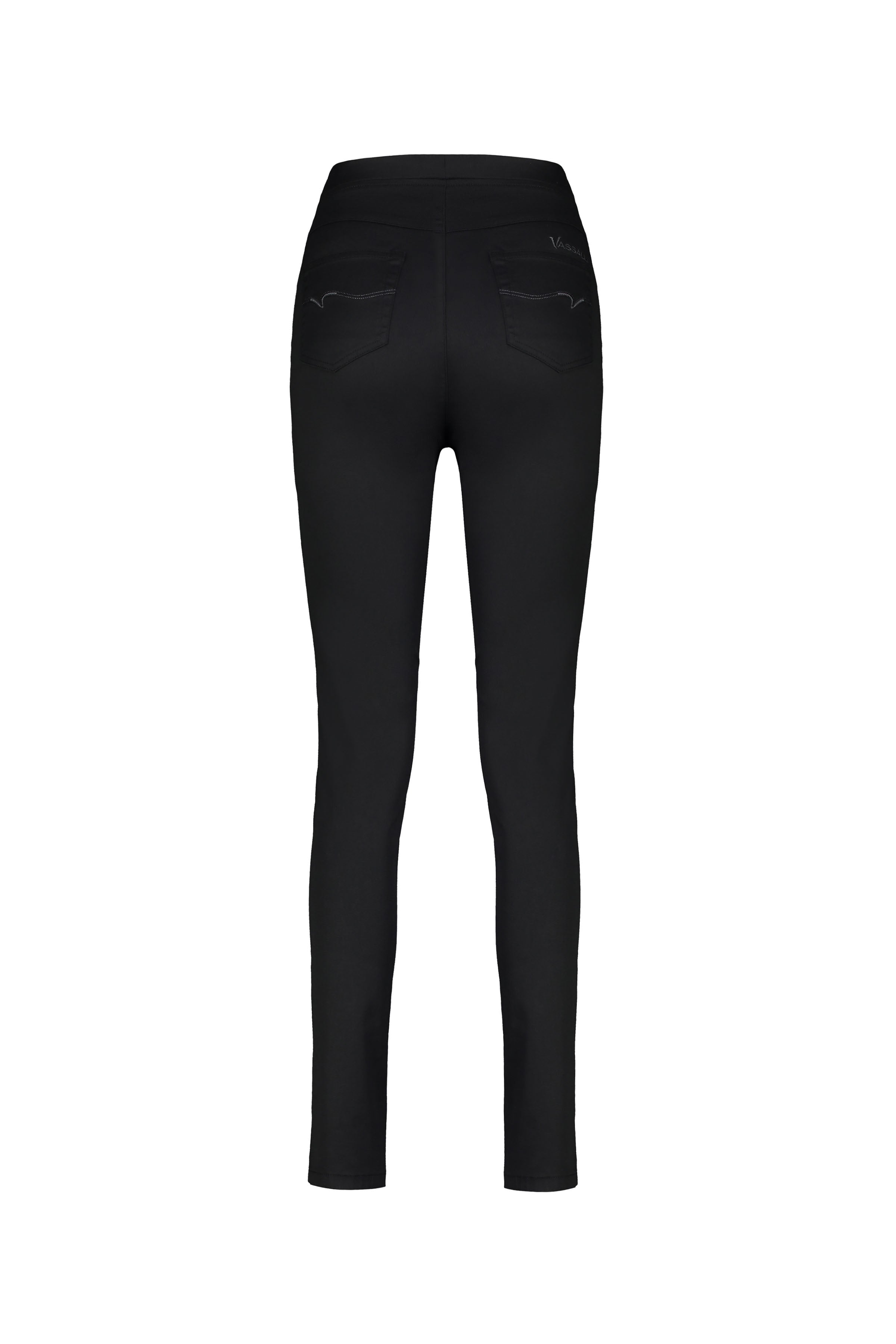 Back view of the Vassalli Origin Pull On - Black pants, featuring a skinny leg, two rear pockets, subtle stitching, and crafted from stretch fabric, displayed on a white background.