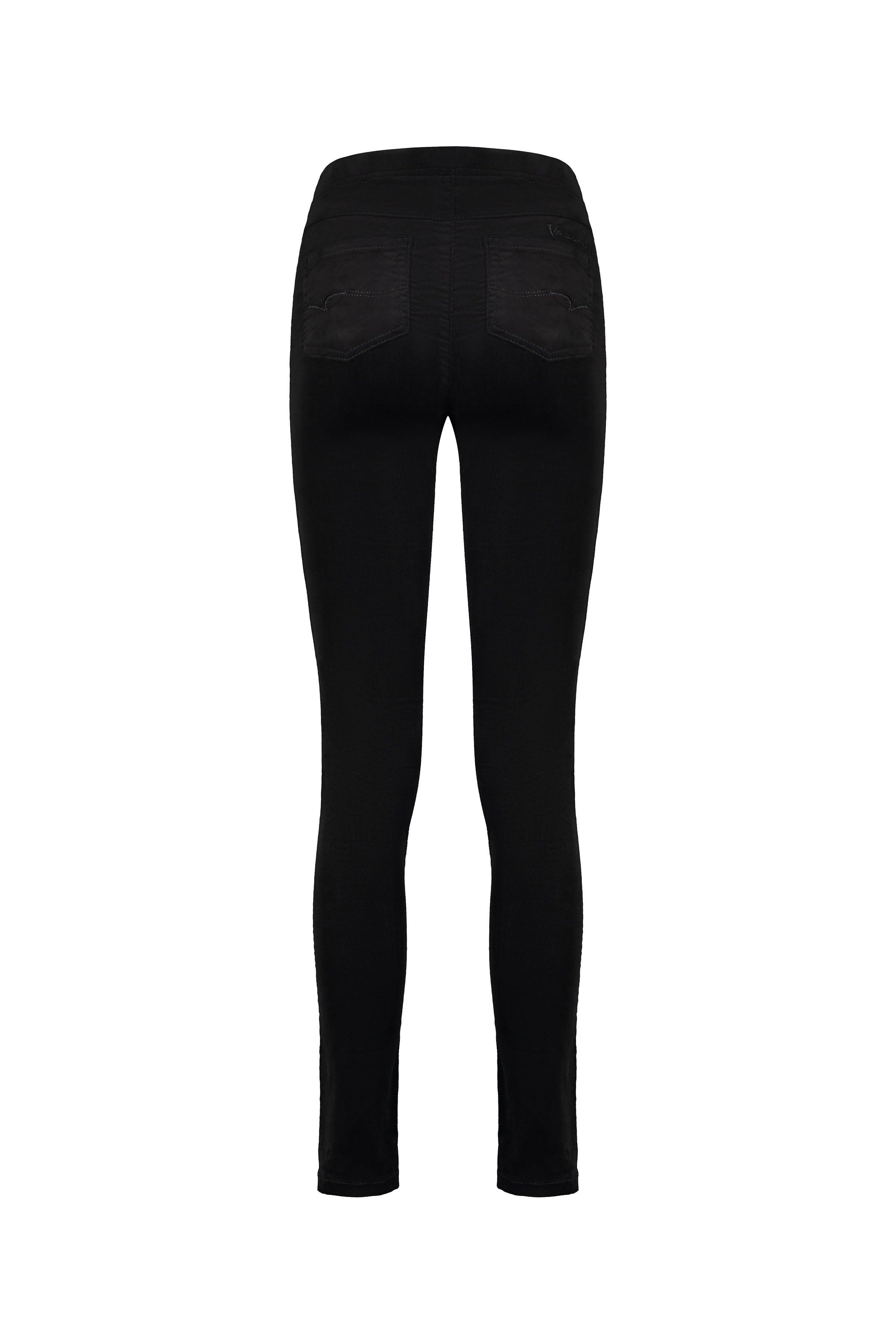 Back view of Vassalli Origin Cord Pull On pants in black, featuring two back pockets, shown on a white background.