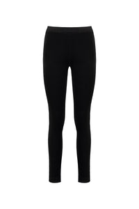The Vassalli Origin Cord Pull On in black are full-length, fitted leggings displayed front-on against a white background, featuring a simple pull-on style with no visible patterns or embellishments.