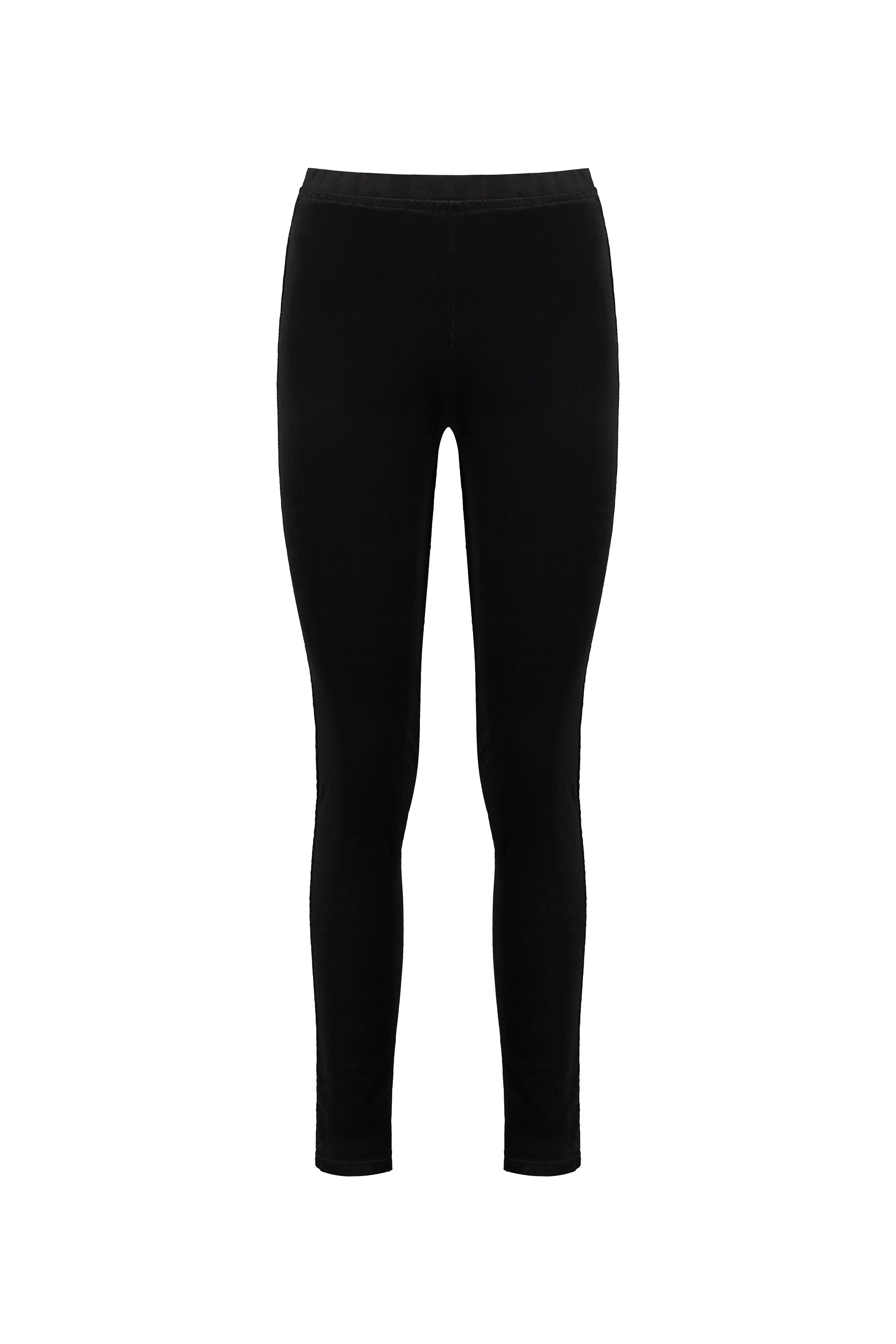 The Vassalli Origin Cord Pull On in black are full-length, fitted leggings displayed front-on against a white background, featuring a simple pull-on style with no visible patterns or embellishments.