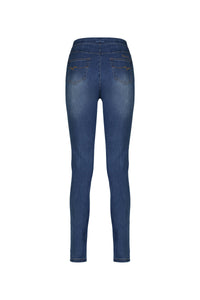 Back view of Vassalli Origin Pull On - New Blue jeans in stretch denim, featuring two back pockets and yellow stitching, shown on a white background.