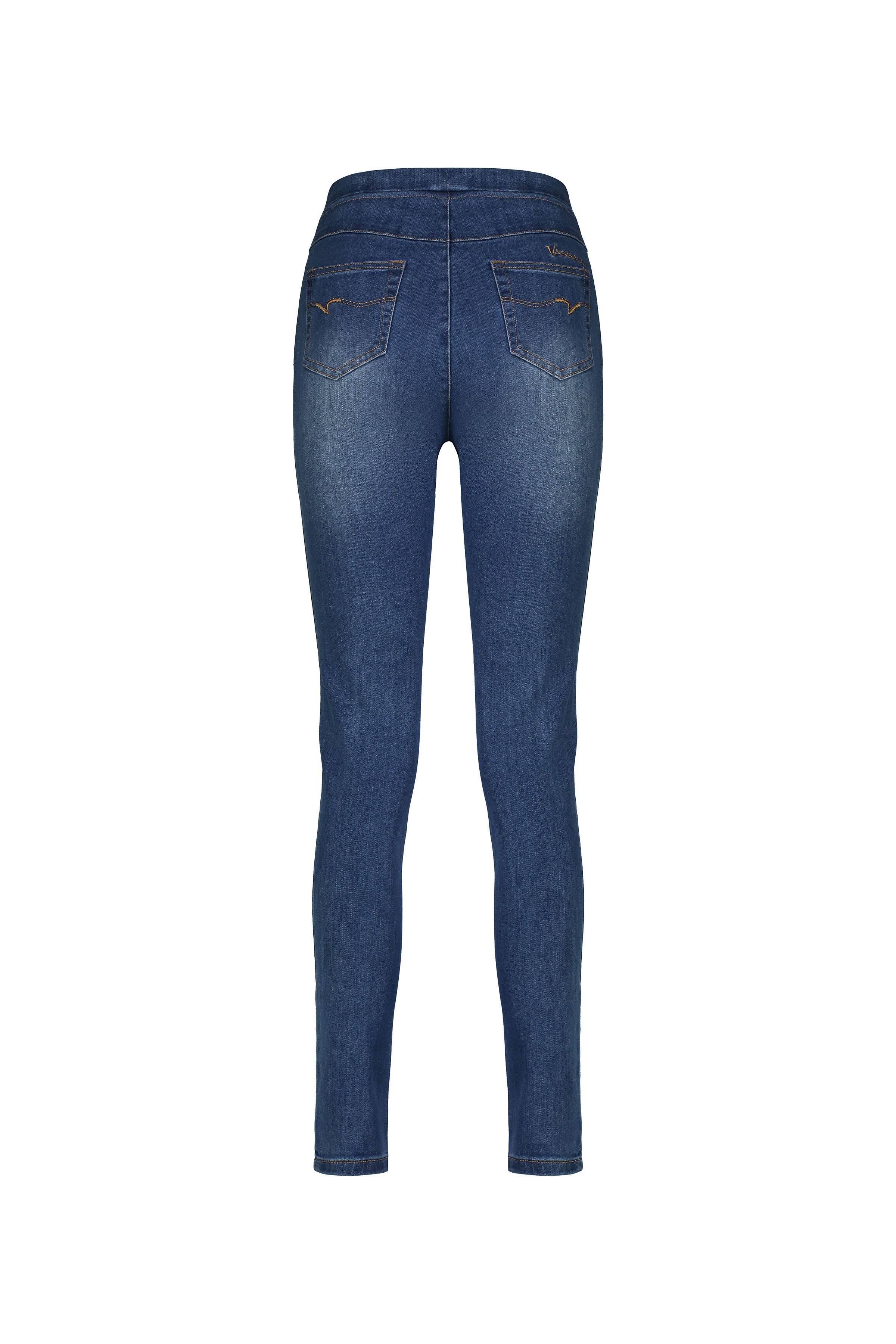 Back view of Vassalli Origin Pull On - New Blue jeans in stretch denim, featuring two back pockets and yellow stitching, shown on a white background.