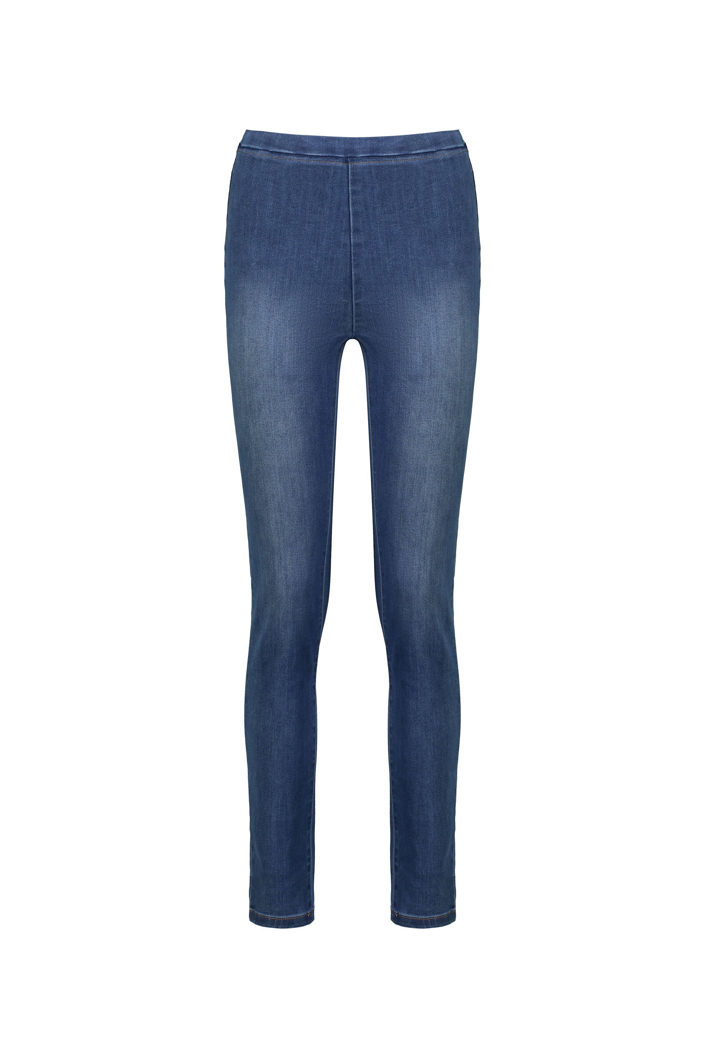 The Vassalli Origin Pull On - New Blue jeans feature a faded wash, skinny leg denim design and are shown from the front on a plain white background.