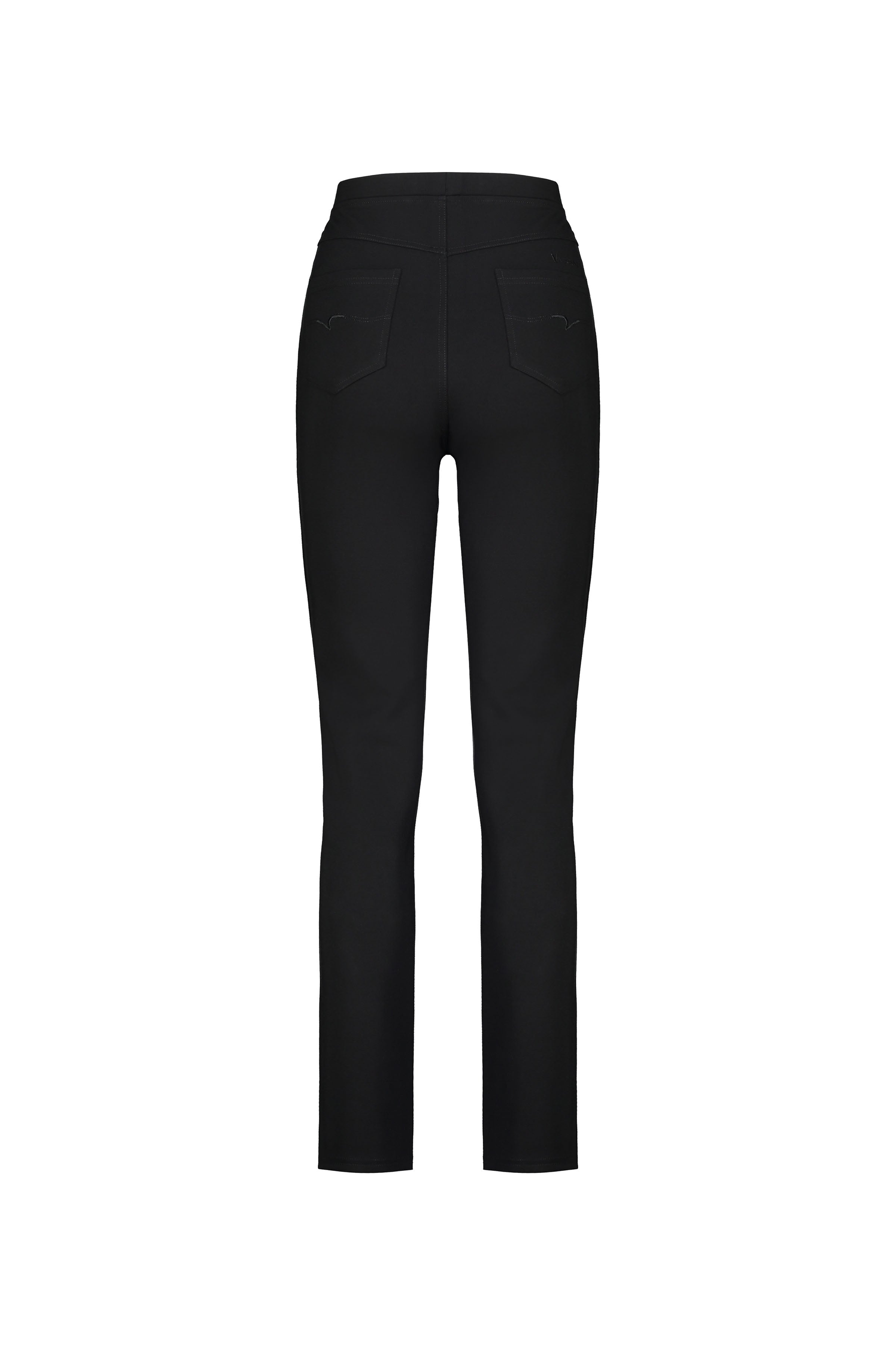 Back view of the Vassalli Bay Ponti Pull On - Black jeans, featuring two back pockets and stretch fabric for comfort, displayed against a plain white background.