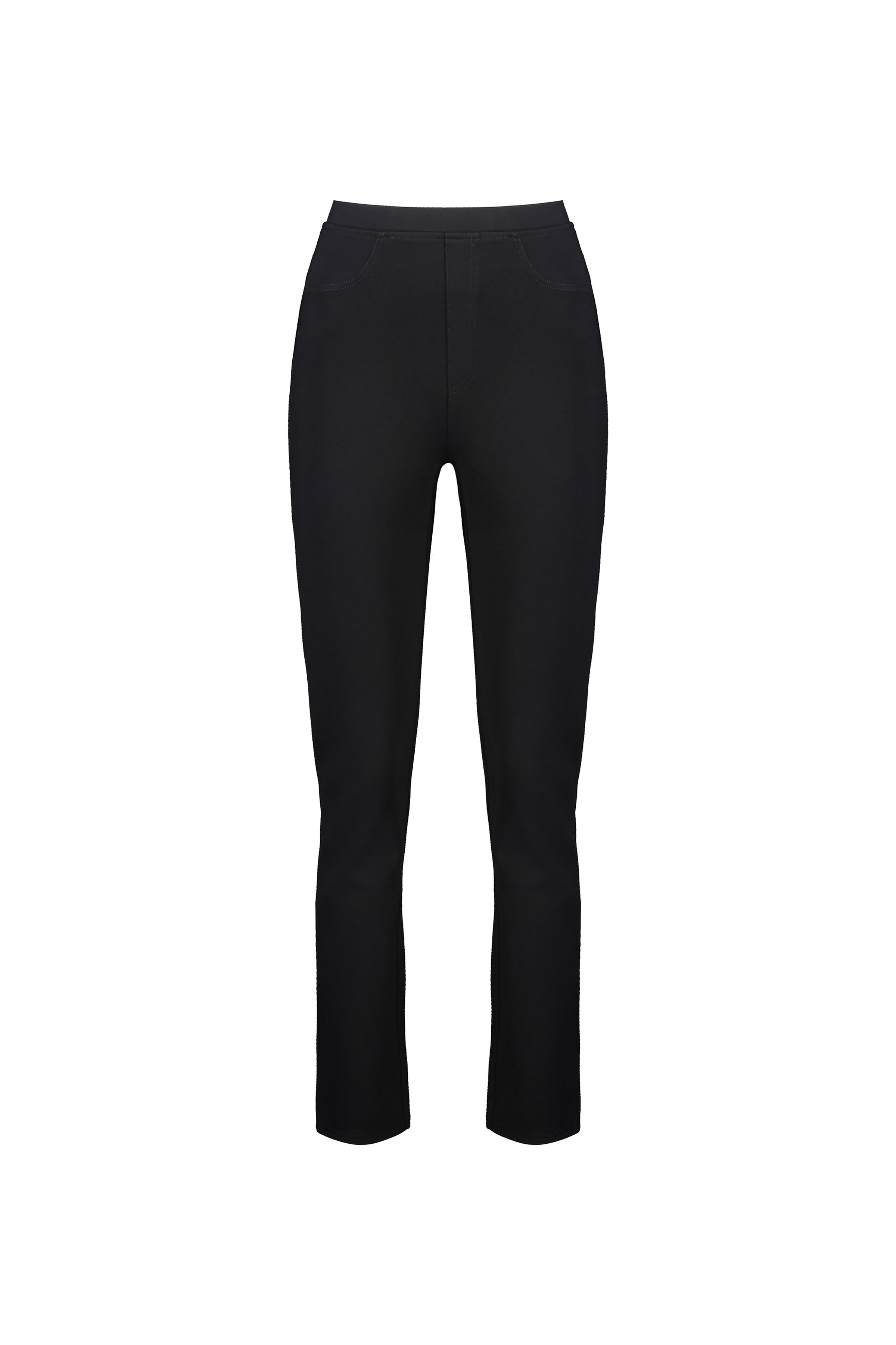The Vassalli Bay Ponti Pull On - Black slim leg pants are shown from the front on a white background, featuring a flat waistband, two front pocket details, and comfortable stretch fabric.