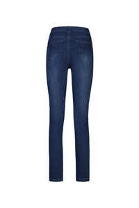 The Vassalli Bay Pull On - Blue Denim (With Front Fade) jeans feature a fitted, straight-leg cut with two rear pockets, shown from the back on a white background.