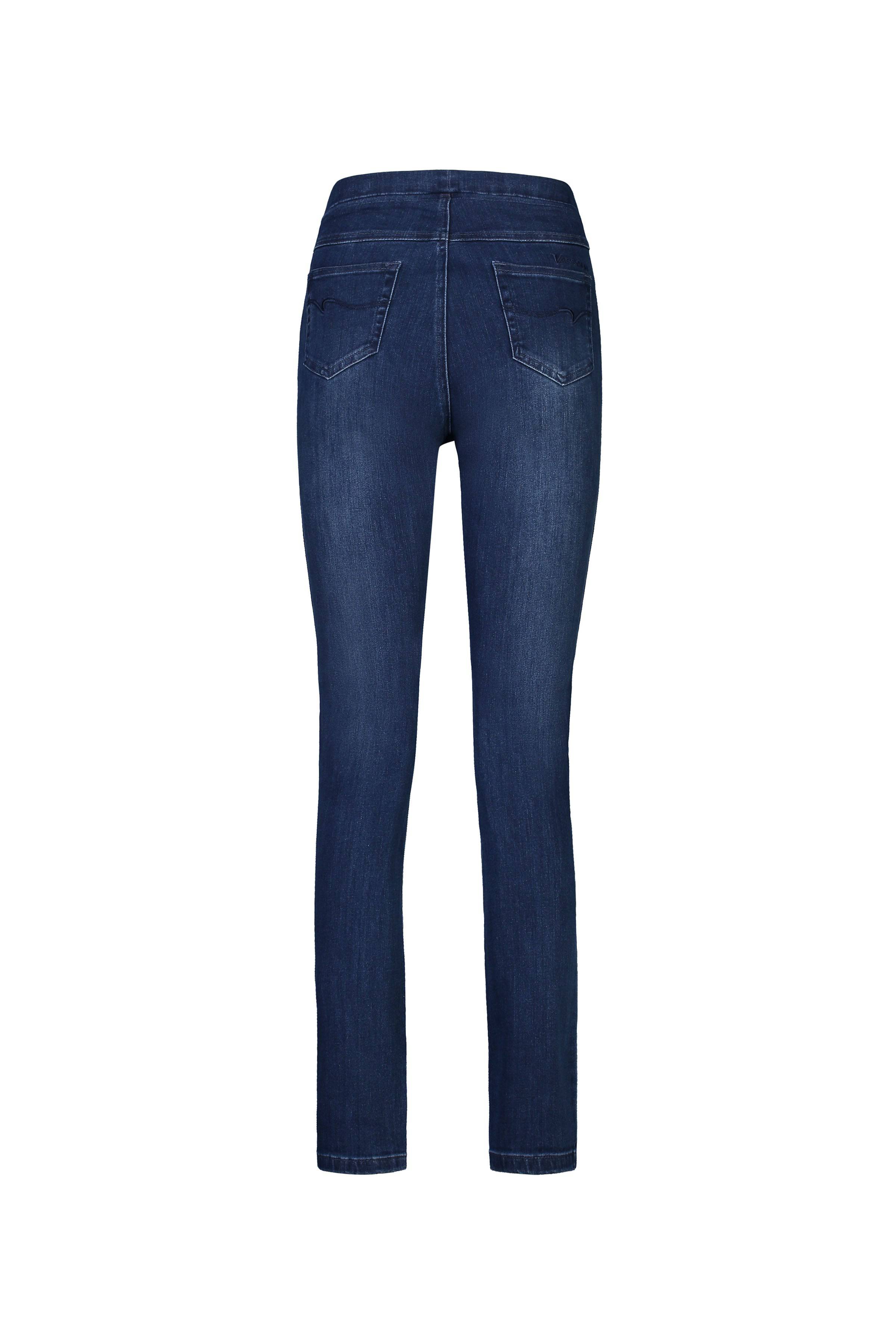 The Vassalli Bay Pull On - Blue Denim (With Front Fade) jeans feature a fitted, straight-leg cut with two rear pockets, shown from the back on a white background.