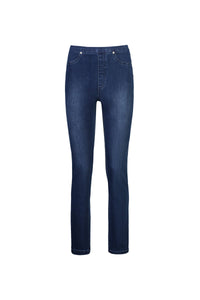 The Vassalli Bay Pull On - Blue Denim (With Front Fade) features classic slim straight-leg jeans with front pockets and visible stitching, shown on a plain white background.