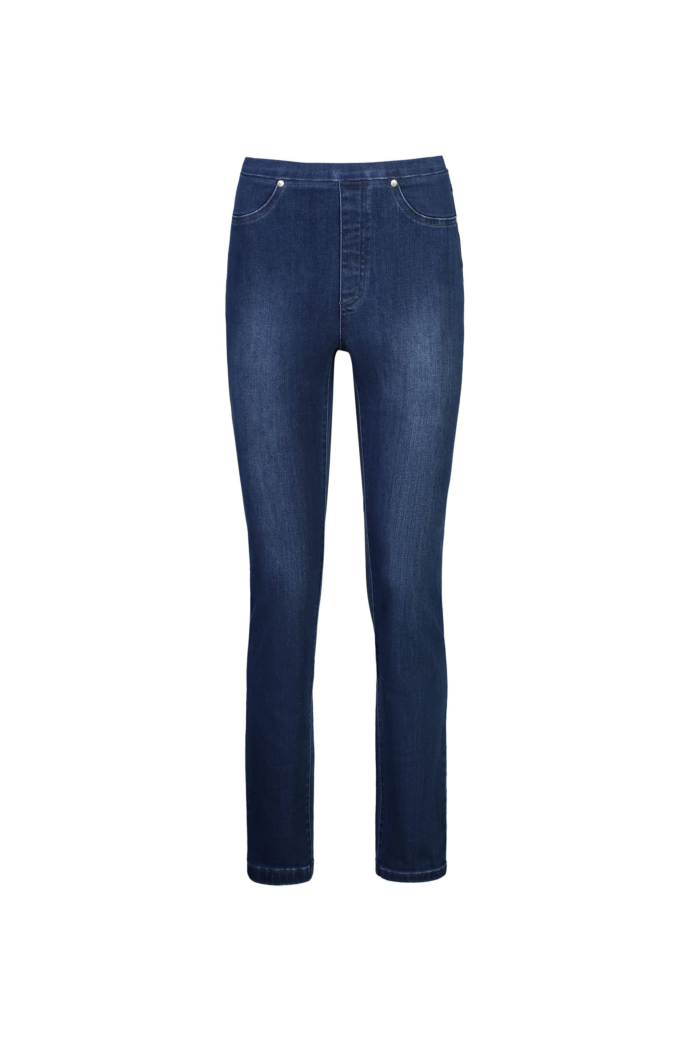 The Vassalli Bay Pull On - Blue Denim (With Front Fade) features classic slim straight-leg jeans with front pockets and visible stitching, shown on a plain white background.