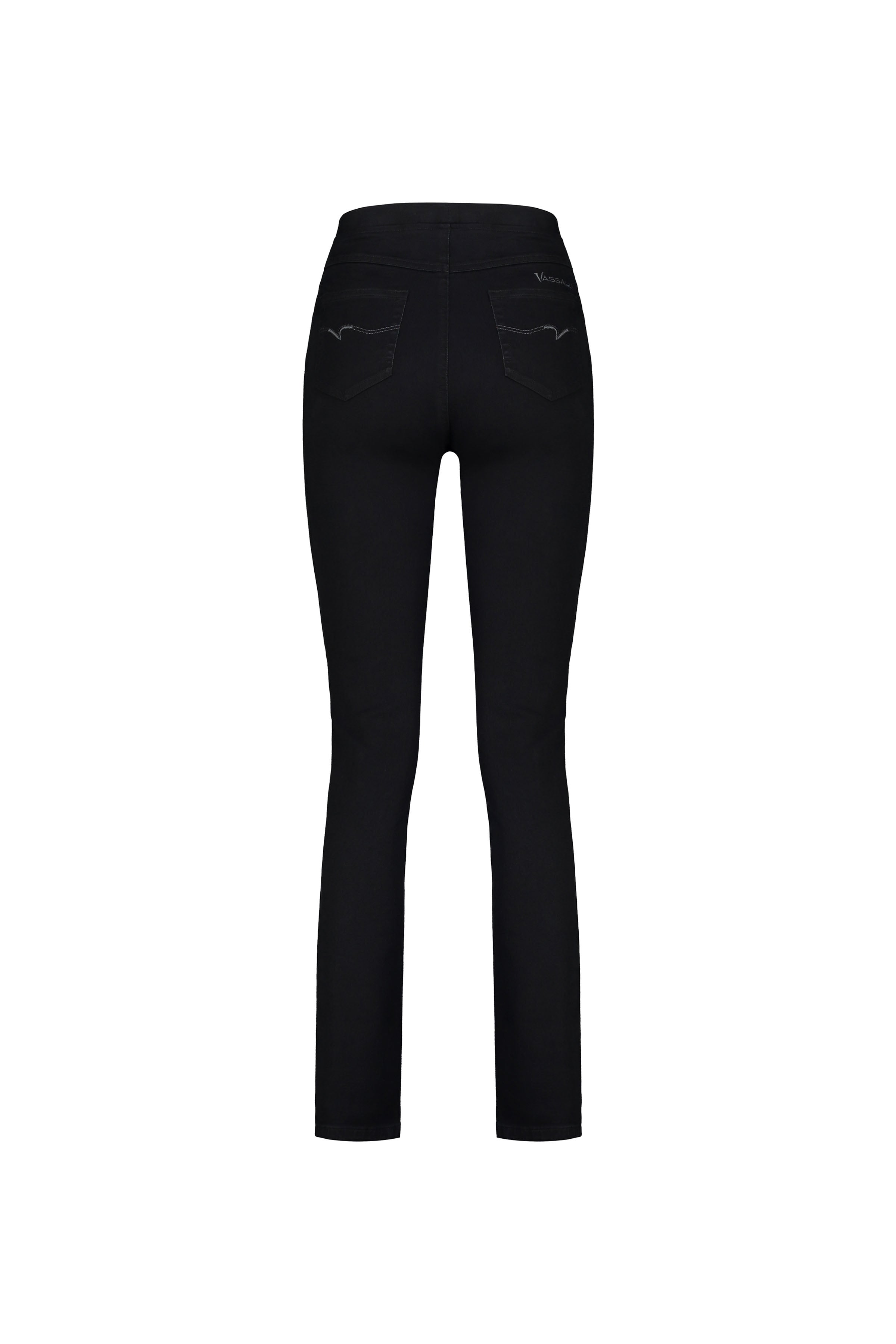 Back view of Vassalli Bay Pull On - Black Denim pants featuring two rear pockets, subtle stitching, and a fitted slim leg design, shown against a white background.