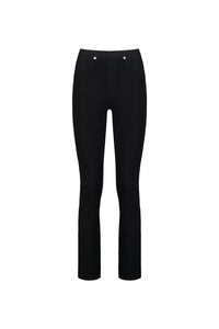 The Vassalli Bay Pull On - Black Denim features straight-leg black denim, front pockets, and silver rivet accents, shown against a plain white background.