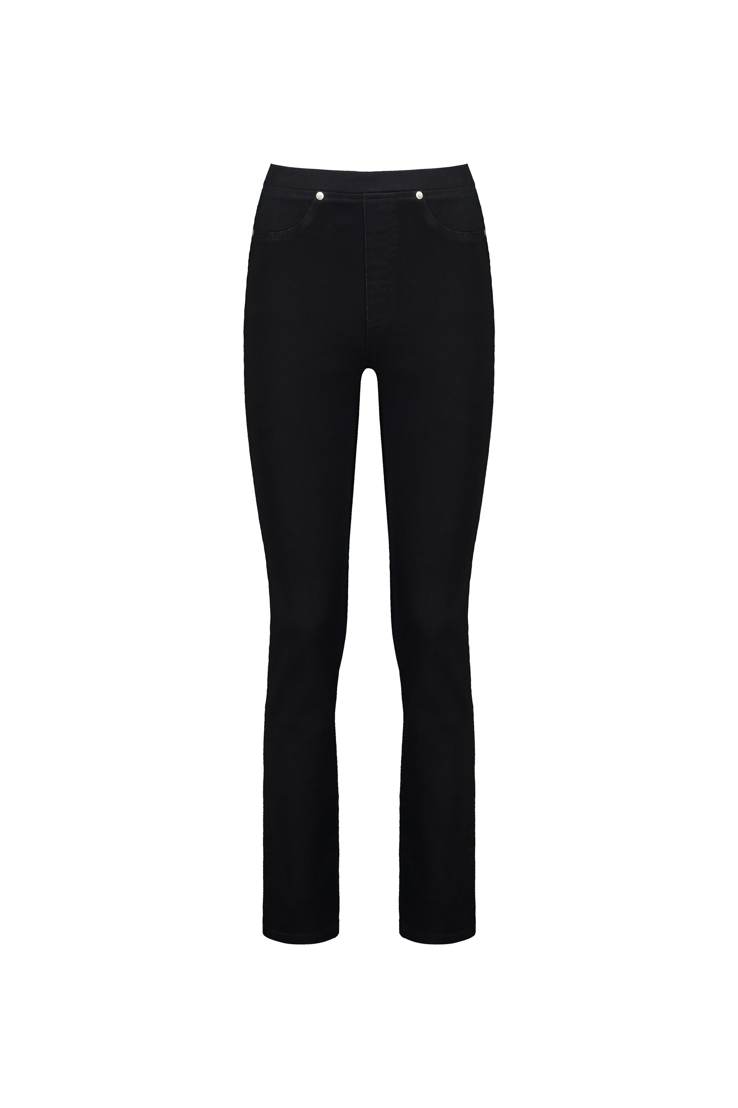 The Vassalli Bay Pull On - Black Denim features straight-leg black denim, front pockets, and silver rivet accents, shown against a plain white background.