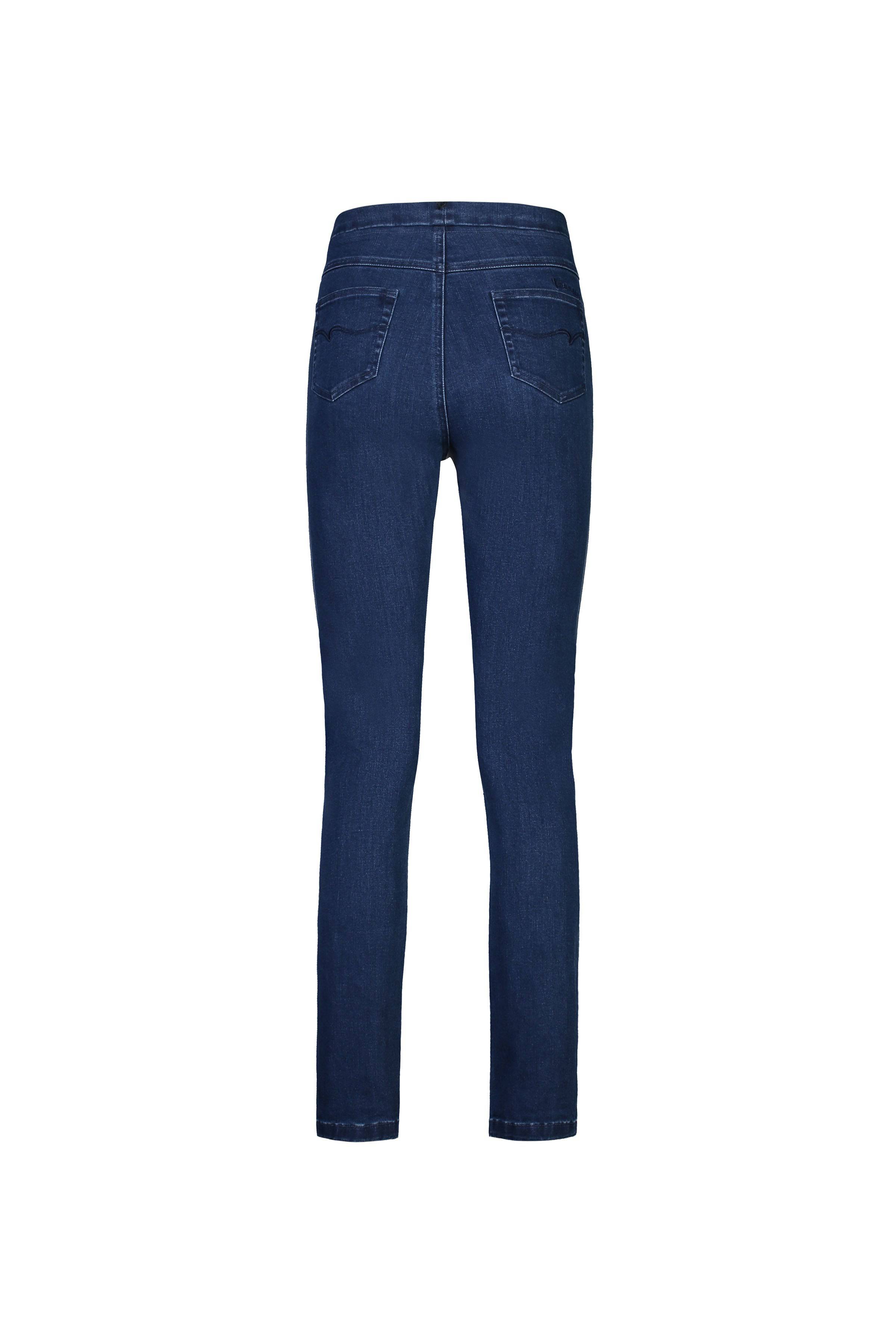Back view of Vassalli Bay Pull On - Blue Denim (Without Front Fade) jeans, featuring two back pockets, shown on a plain white background.