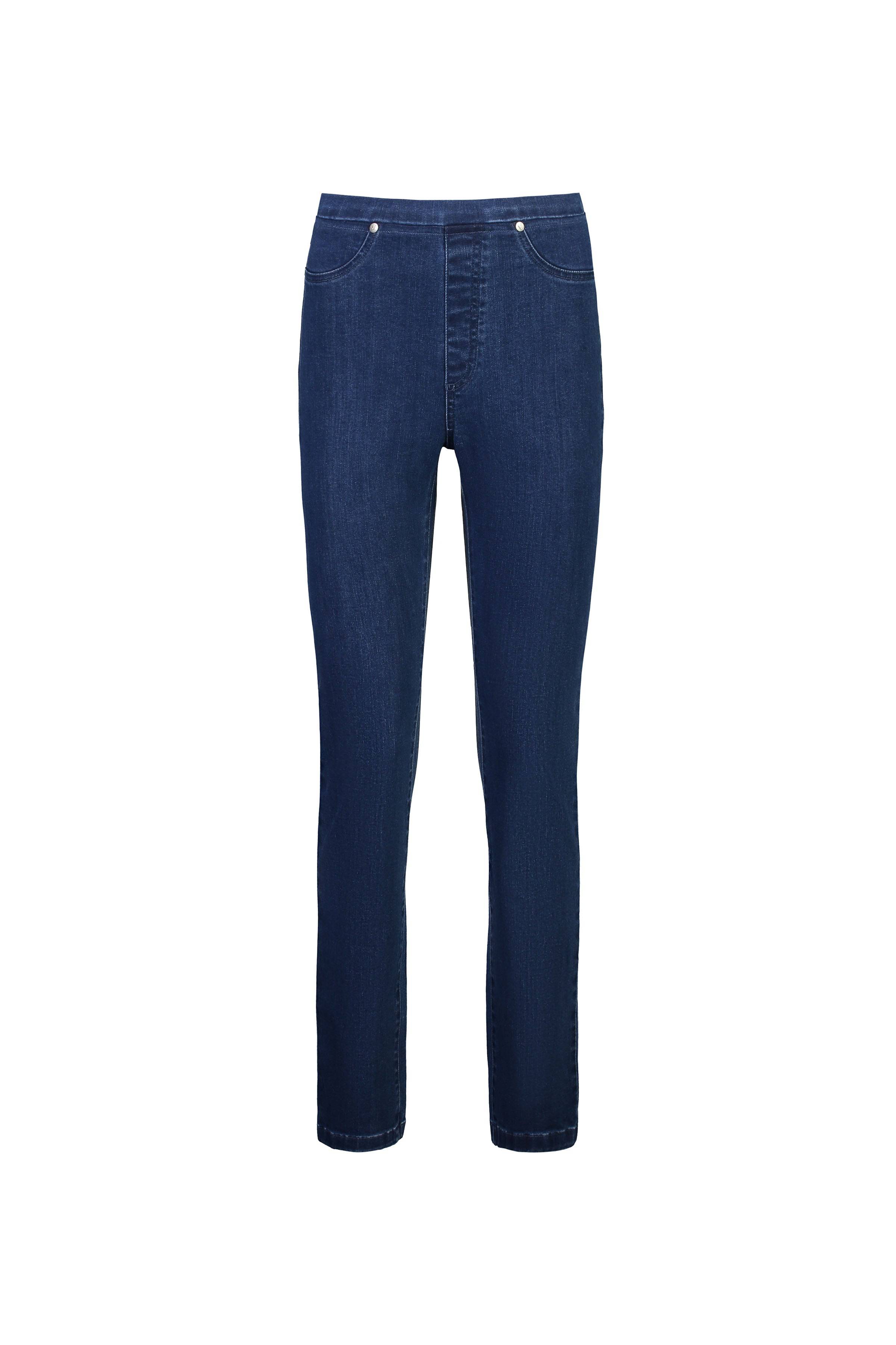 The Vassalli Bay Pull On - Blue Denim (Without Front Fade) features slim legs, front pockets, button and zip closure, and visible stitching, shown on a white background.
