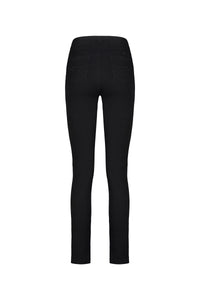 Back view of Vassalli Bay Knit Pull On jeans in black, featuring a high-rise slim-leg design with two back pockets, shown against a plain white background.