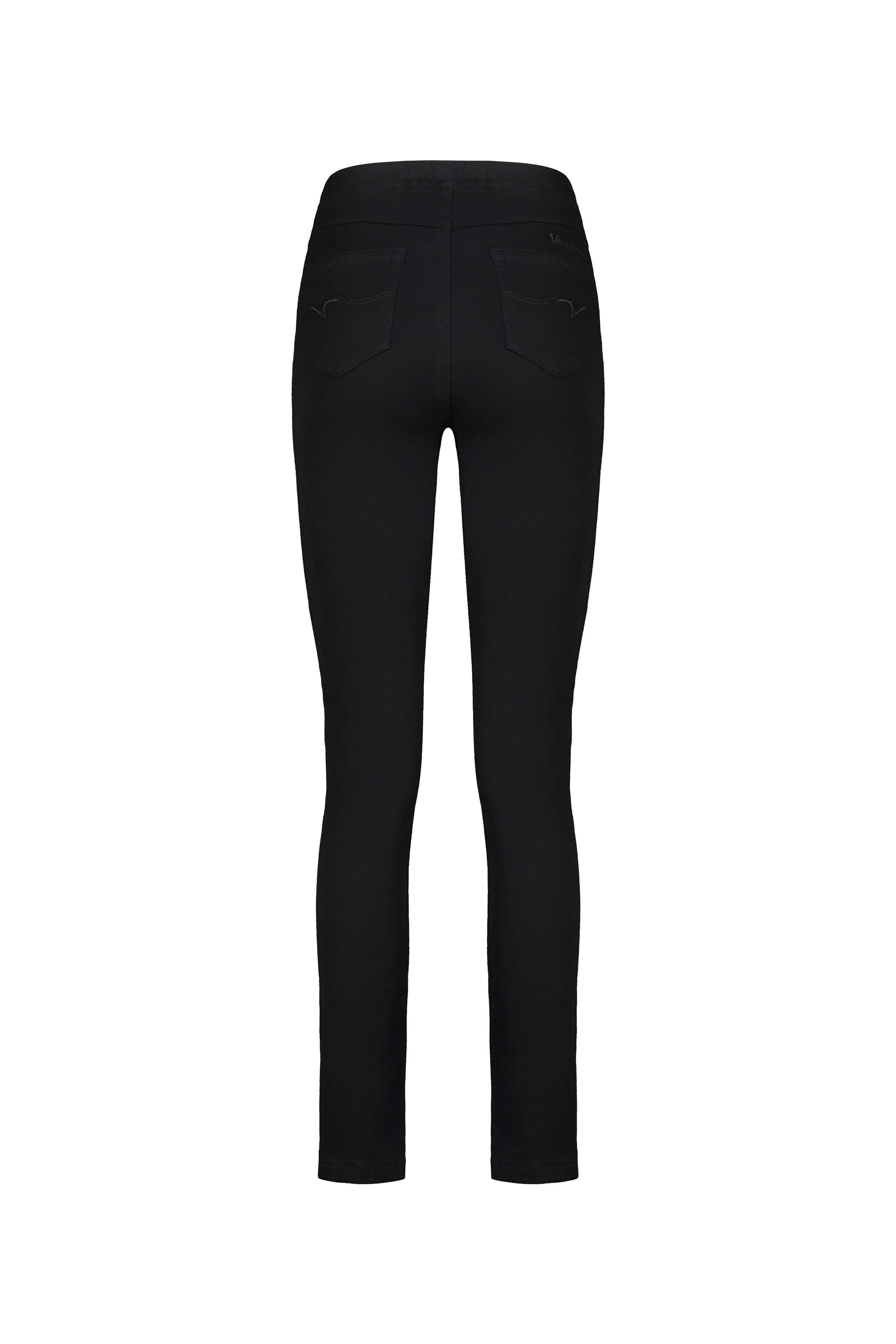 Back view of Vassalli Bay Knit Pull On jeans in black, featuring a high-rise slim-leg design with two back pockets, shown against a plain white background.