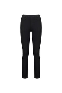 The Vassalli Bay Knit Pull On in black is a pair of high-rise slim-leg jeans shown from the front against a white background, featuring a classic five-pocket design.