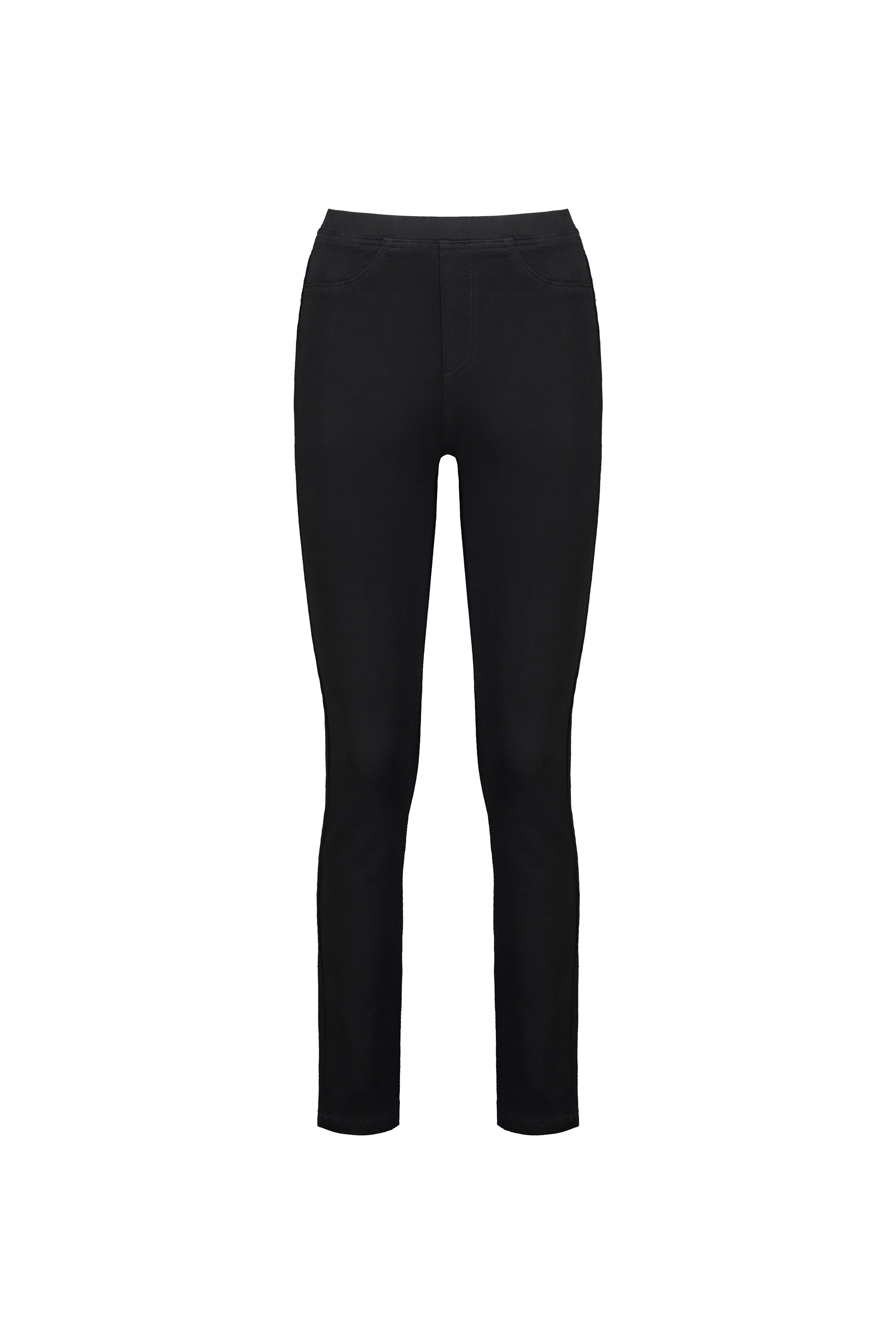 The Vassalli Bay Knit Pull On in black is a pair of high-rise slim-leg jeans shown from the front against a white background, featuring a classic five-pocket design.
