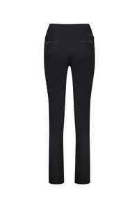 The Vassalli Bay Pull On - Black pants are shown from the back, featuring a straight-leg design, two subtly stitched rear pockets, and a comfortable stretch fabric, all set against a plain white background.