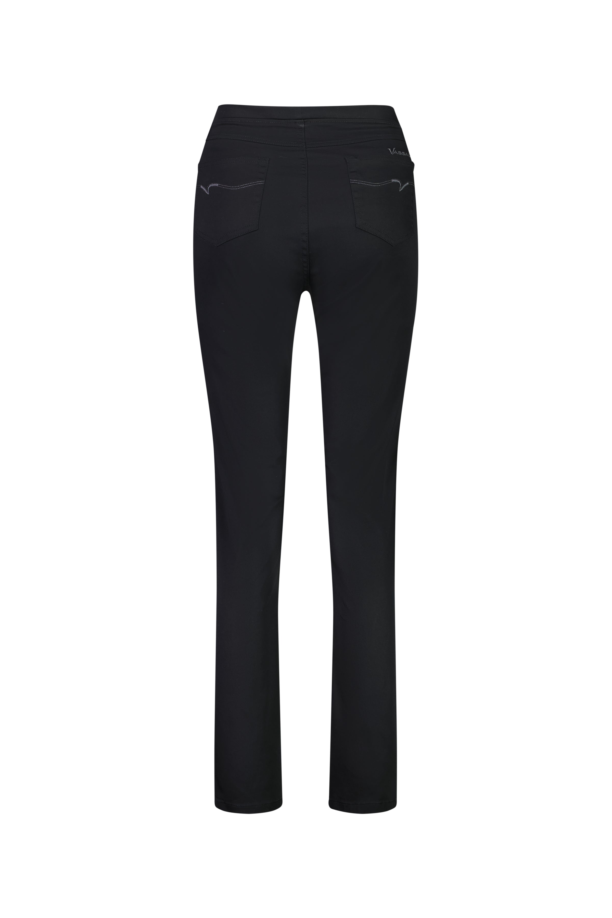The Vassalli Bay Pull On - Black pants are shown from the back, featuring a straight-leg design, two subtly stitched rear pockets, and a comfortable stretch fabric, all set against a plain white background.