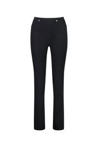 The Vassalli Bay Pull On - Black is a pair of mid-rise, straight-leg pants in stretch fabric with two front pockets and metal rivets at the hips, shown on a plain white background.
