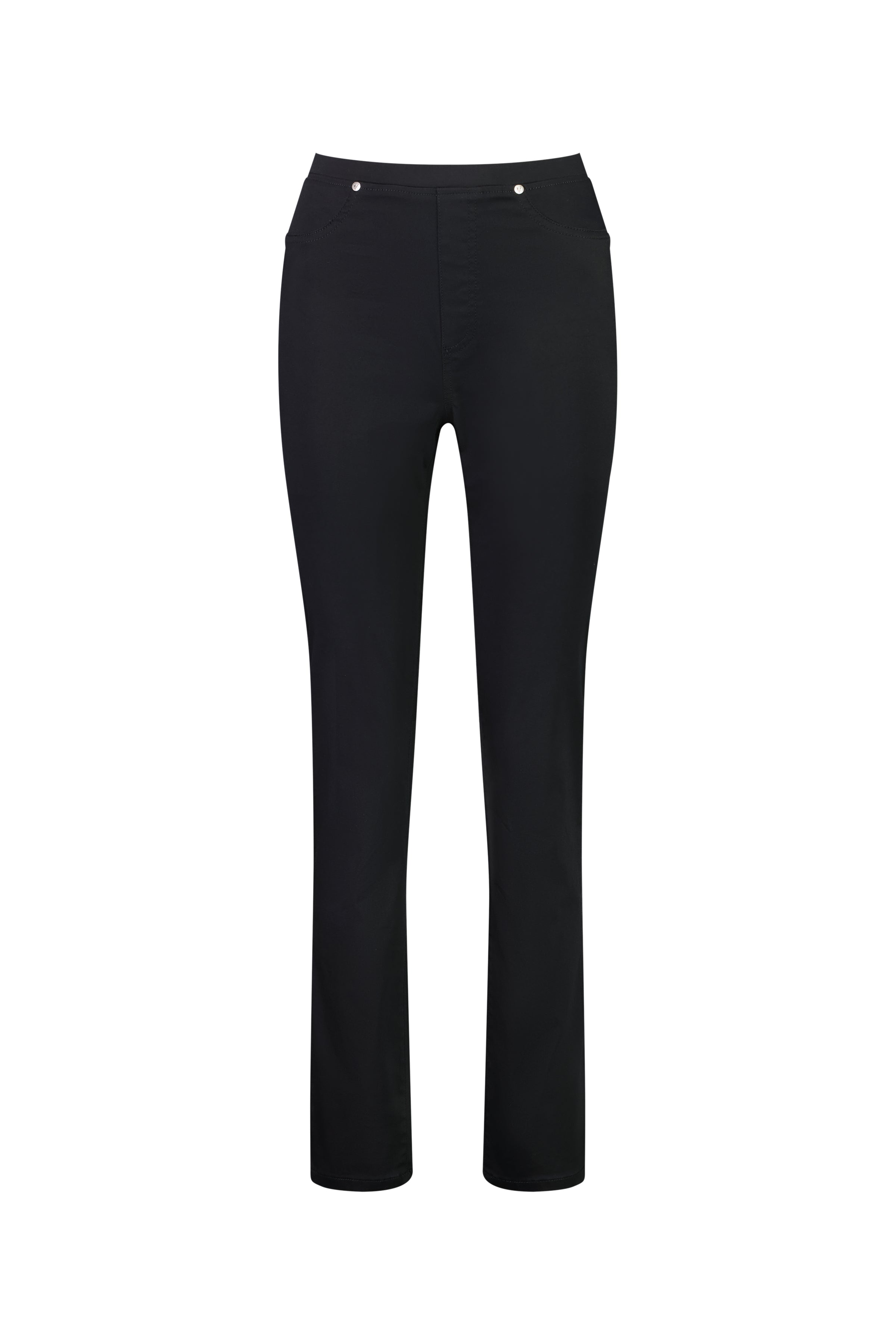 The Vassalli Bay Pull On - Black is a pair of mid-rise, straight-leg pants in stretch fabric with two front pockets and metal rivets at the hips, shown on a plain white background.