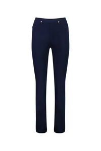 The Vassalli Bay Pull On - Navy is a pair of dark blue slim leg pants with a clean, minimal design, stretch fabric, front pockets, and metallic rivet details near the waist. Comfortable pull-on style shown against a white background.
