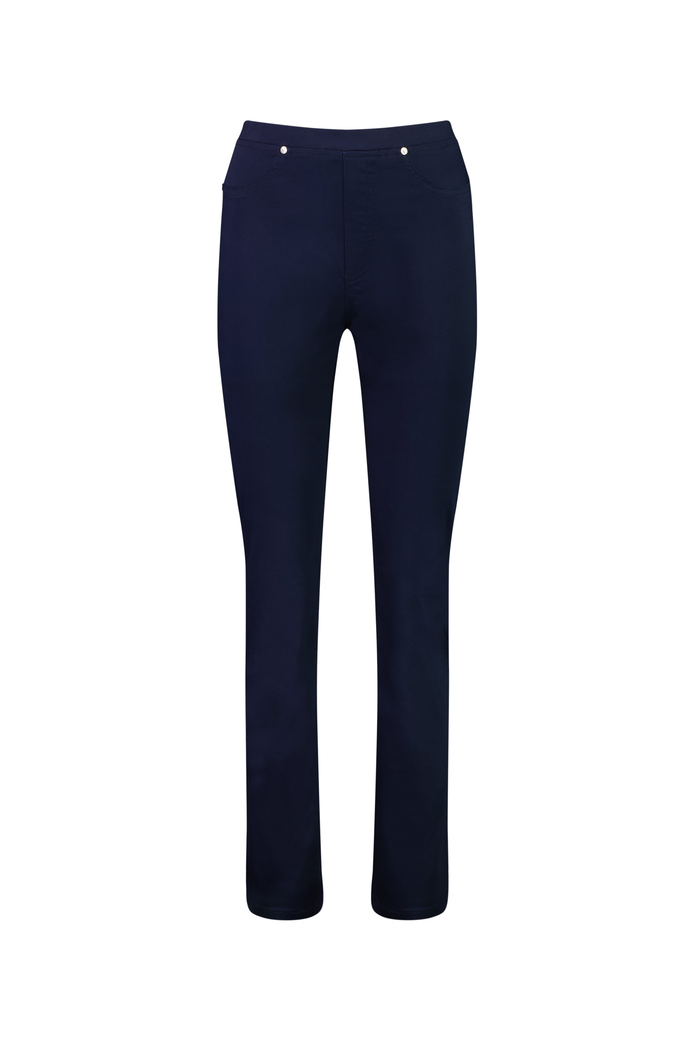 The Vassalli Bay Pull On - Navy is a pair of dark blue slim leg pants with a clean, minimal design, stretch fabric, front pockets, and metallic rivet details near the waist. Comfortable pull-on style shown against a white background.
