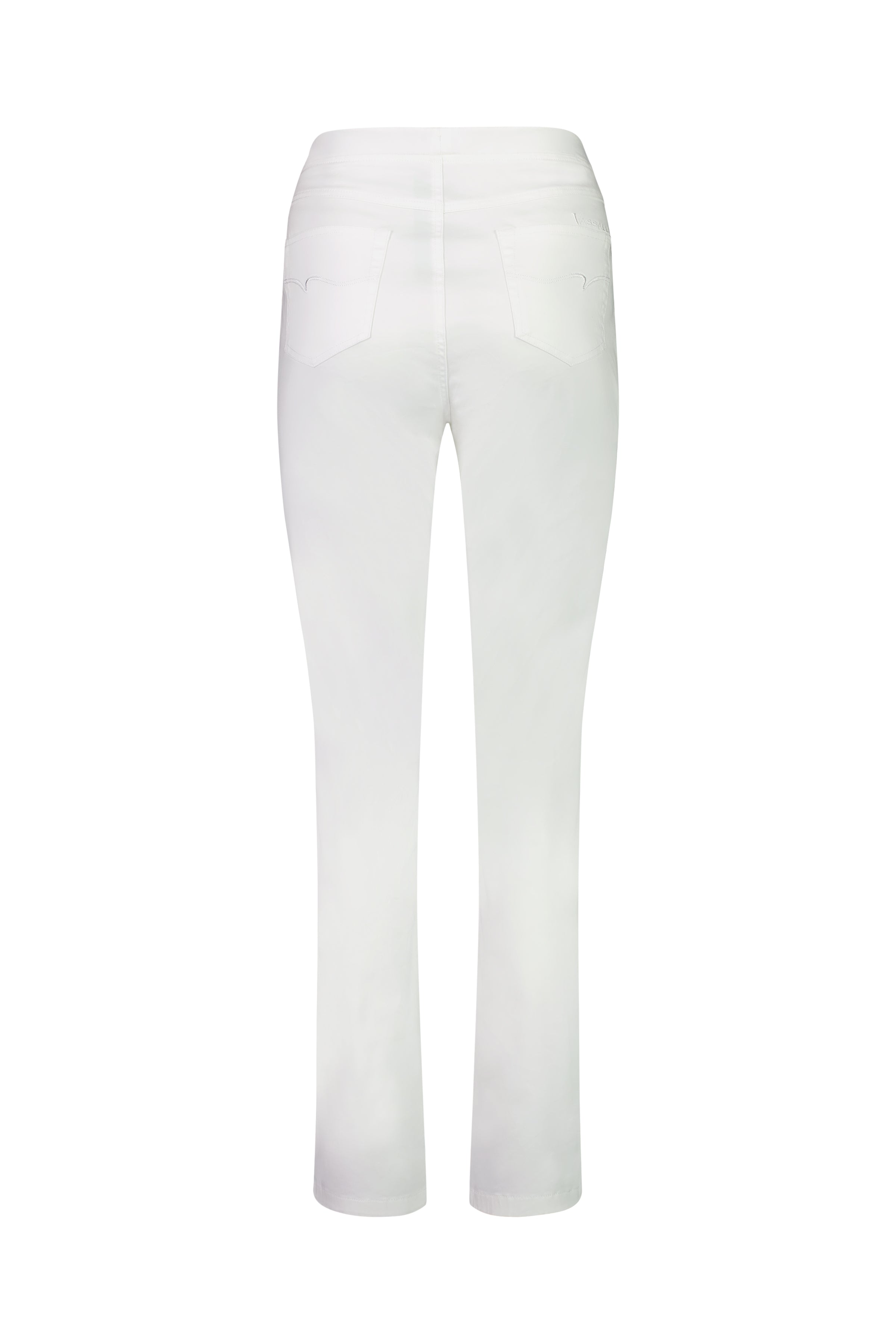 Back view of Vassalli Bay Pull On slim leg pants in white, featuring two back pockets and made from stretch fabric, shown against a plain white background.